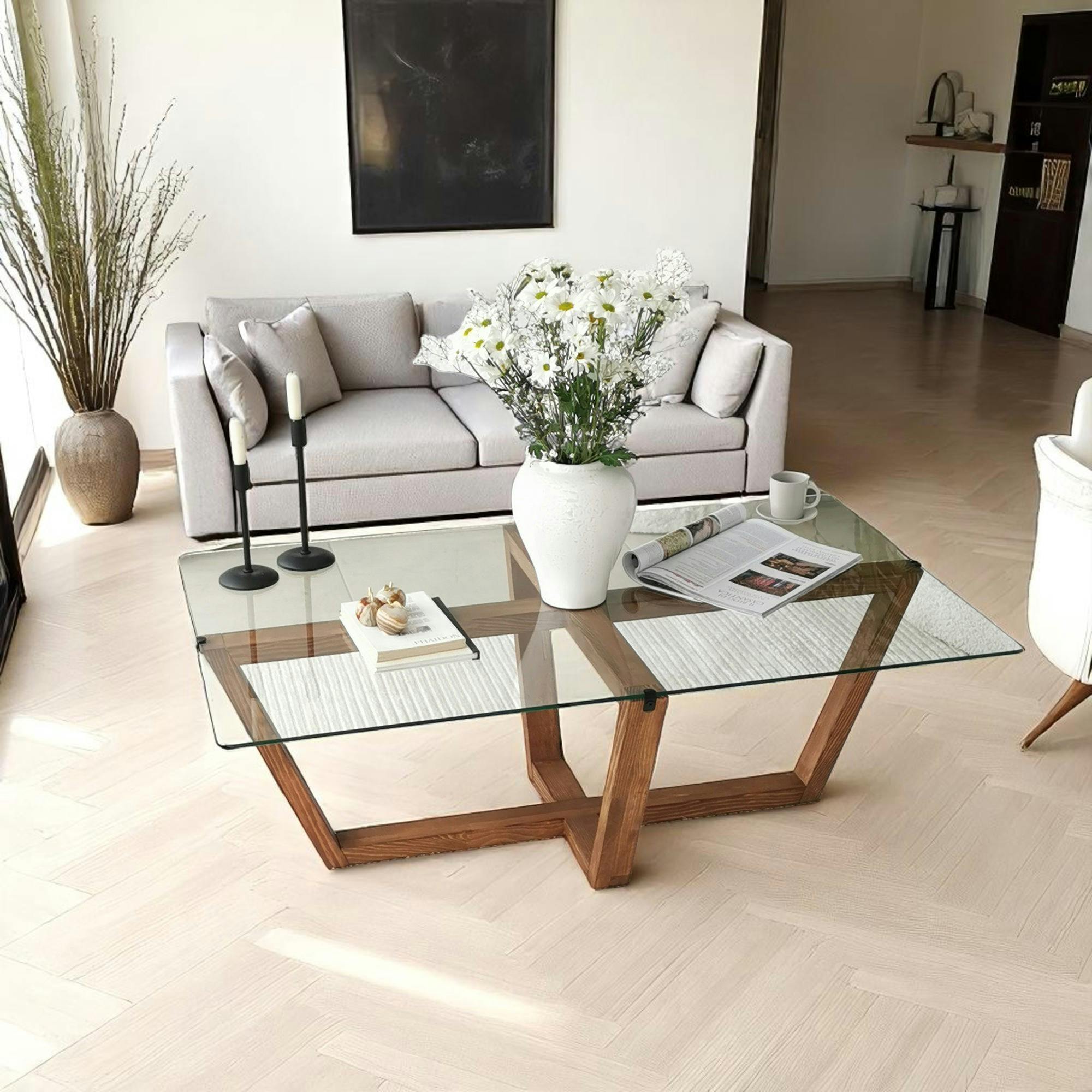 Table basse verre trempé - pied croisé en bois brun LHASA