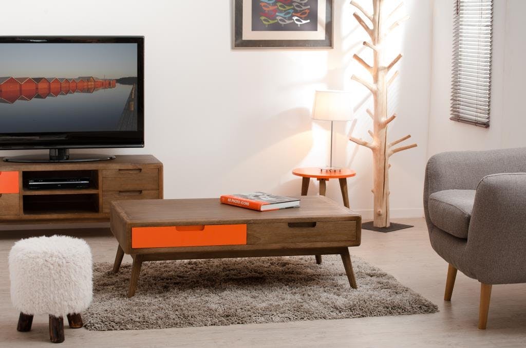 Table basse Vintage 2 tiroirs cannelle et Orange Bois 110cm LUCIEN