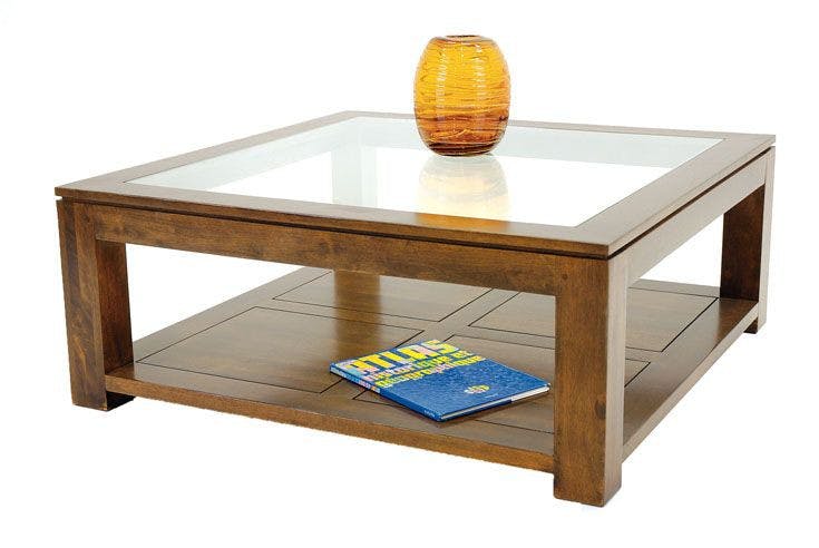 Table basse vitrée carrée hévéa 100cm HELENA