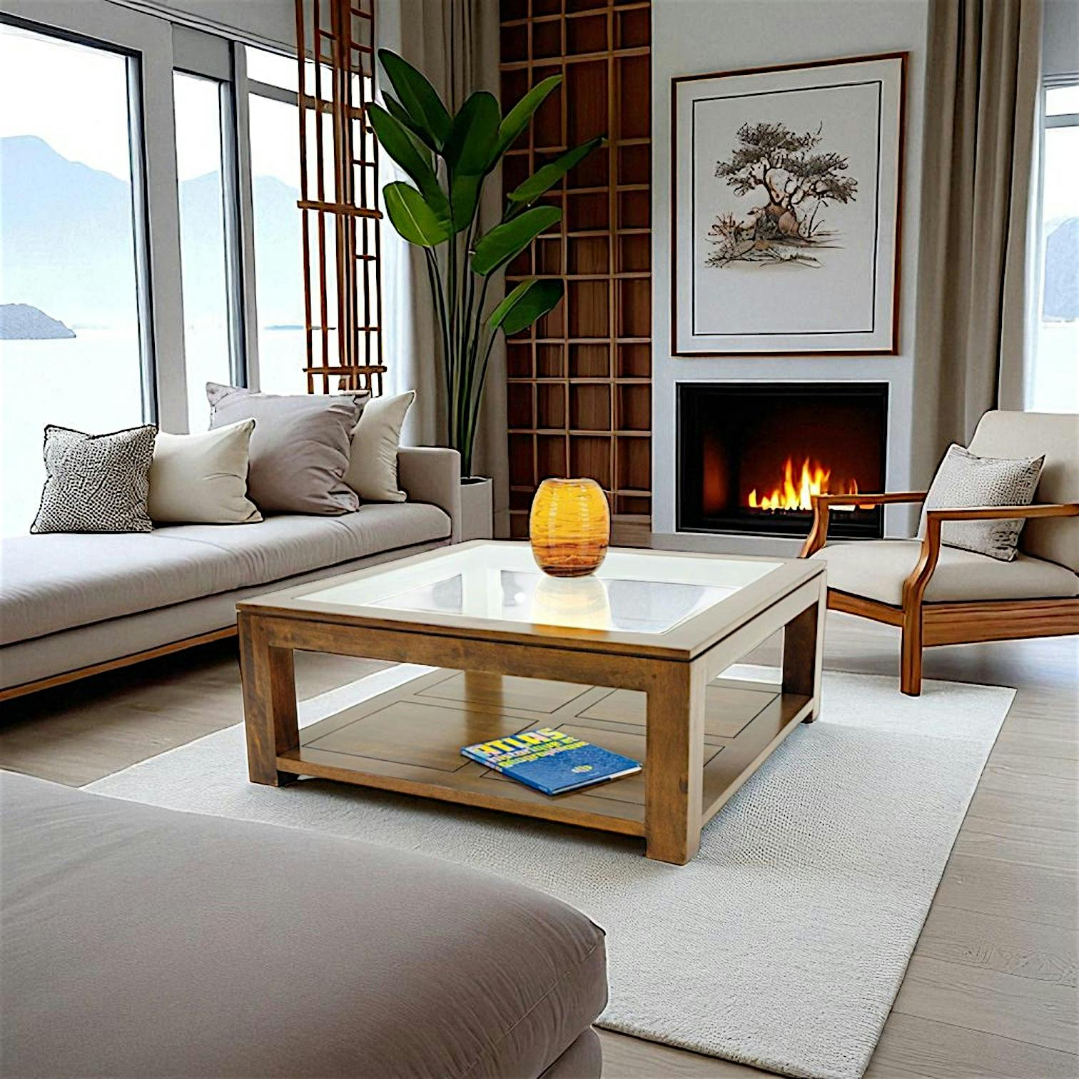 Table basse vitrée carrée hévéa 100cm HELENA