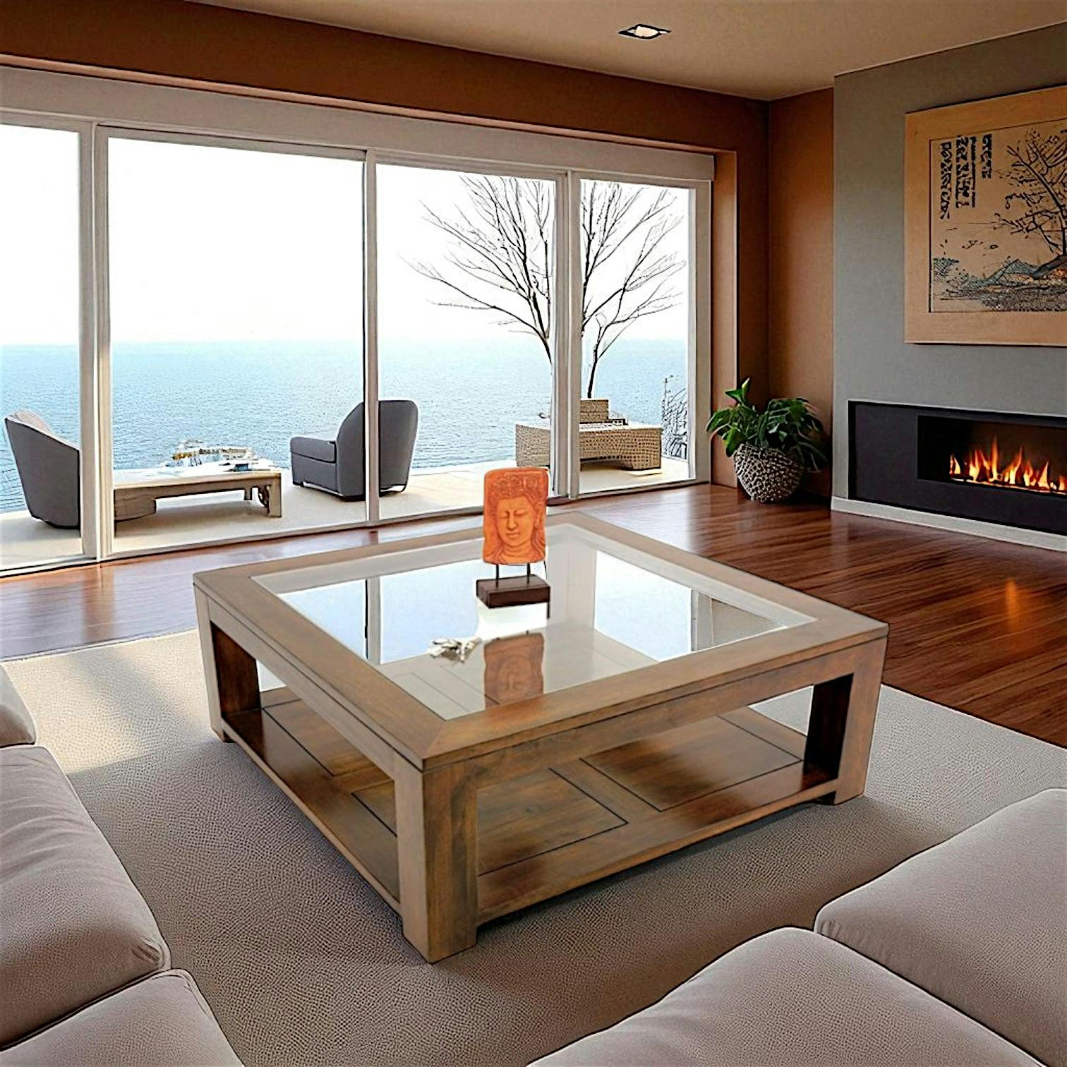 Table basse vitrée hévéa 110X110cm HELENA