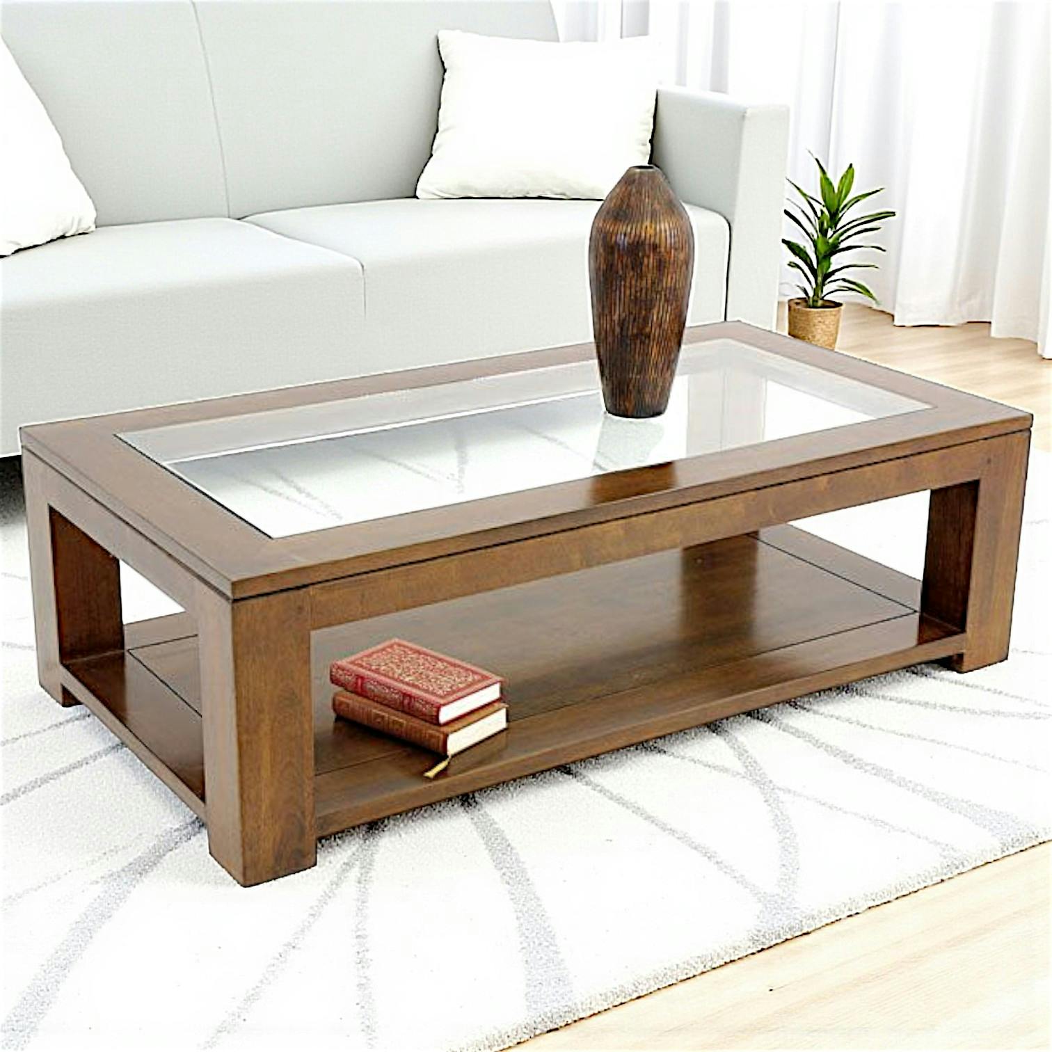 Table basse vitrée hévéa 130X70cm HELENA