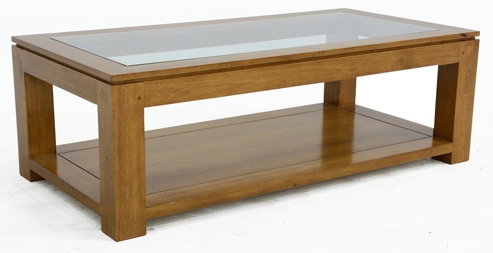 Table basse vitrée hévéa 2 plateaux 120X60cm HELENA