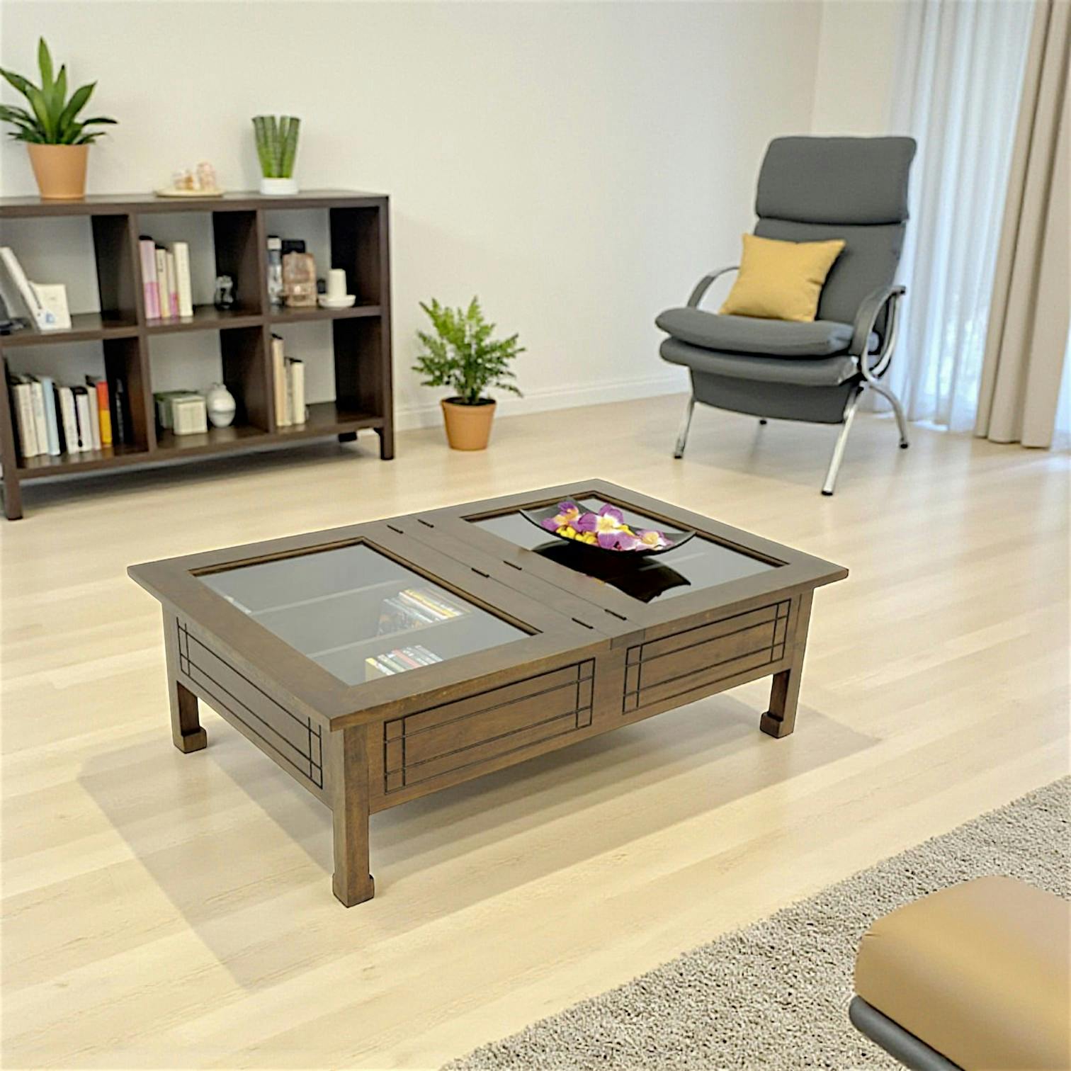Table basse vitrée plateau ouvrant hévéa 125x80x40cm MAORI