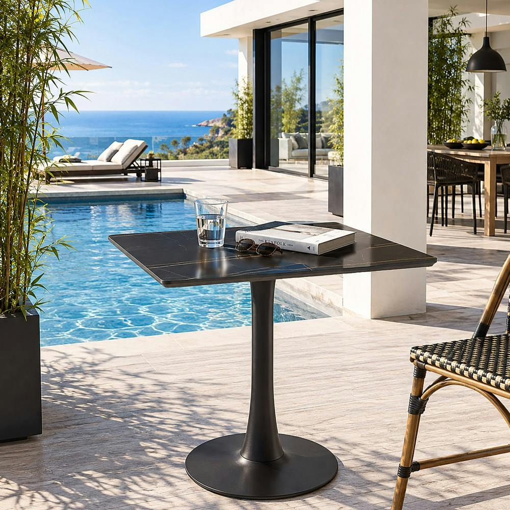 Table bistrot 70x70cm en céramique marbré noir pied tulipe BELLUNE