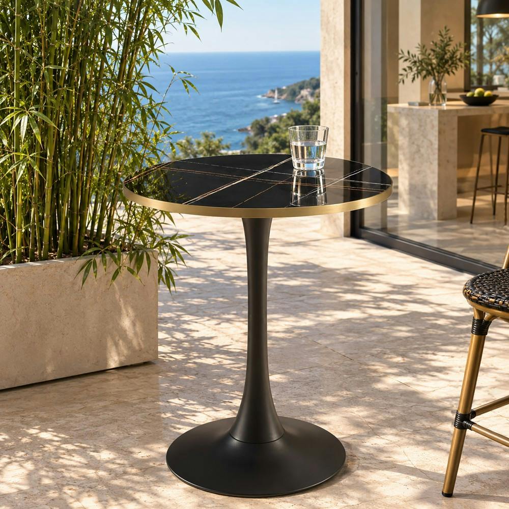 Table bistrot D70cm en céramique marbré noir pied tulipe BELLUNE