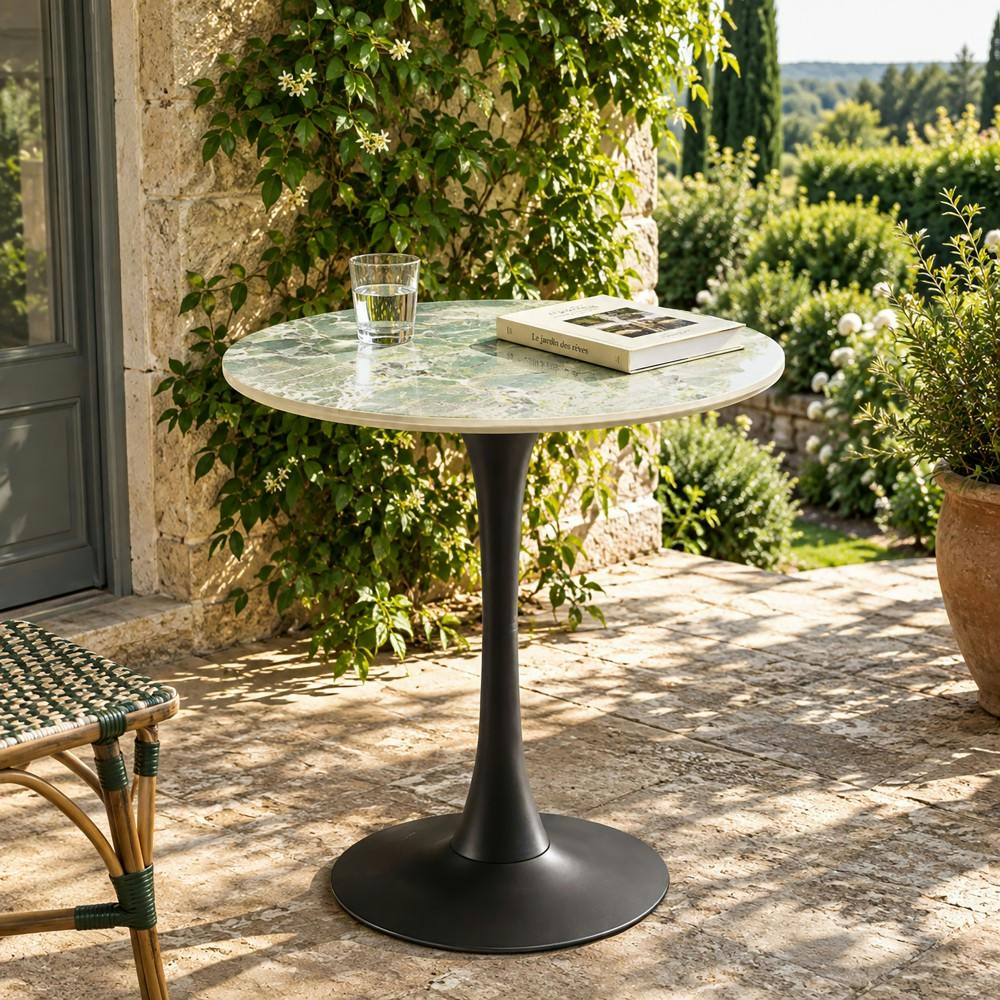 Table bistrot D70cm en céramique marbré vert pied tulipe BELLUNE