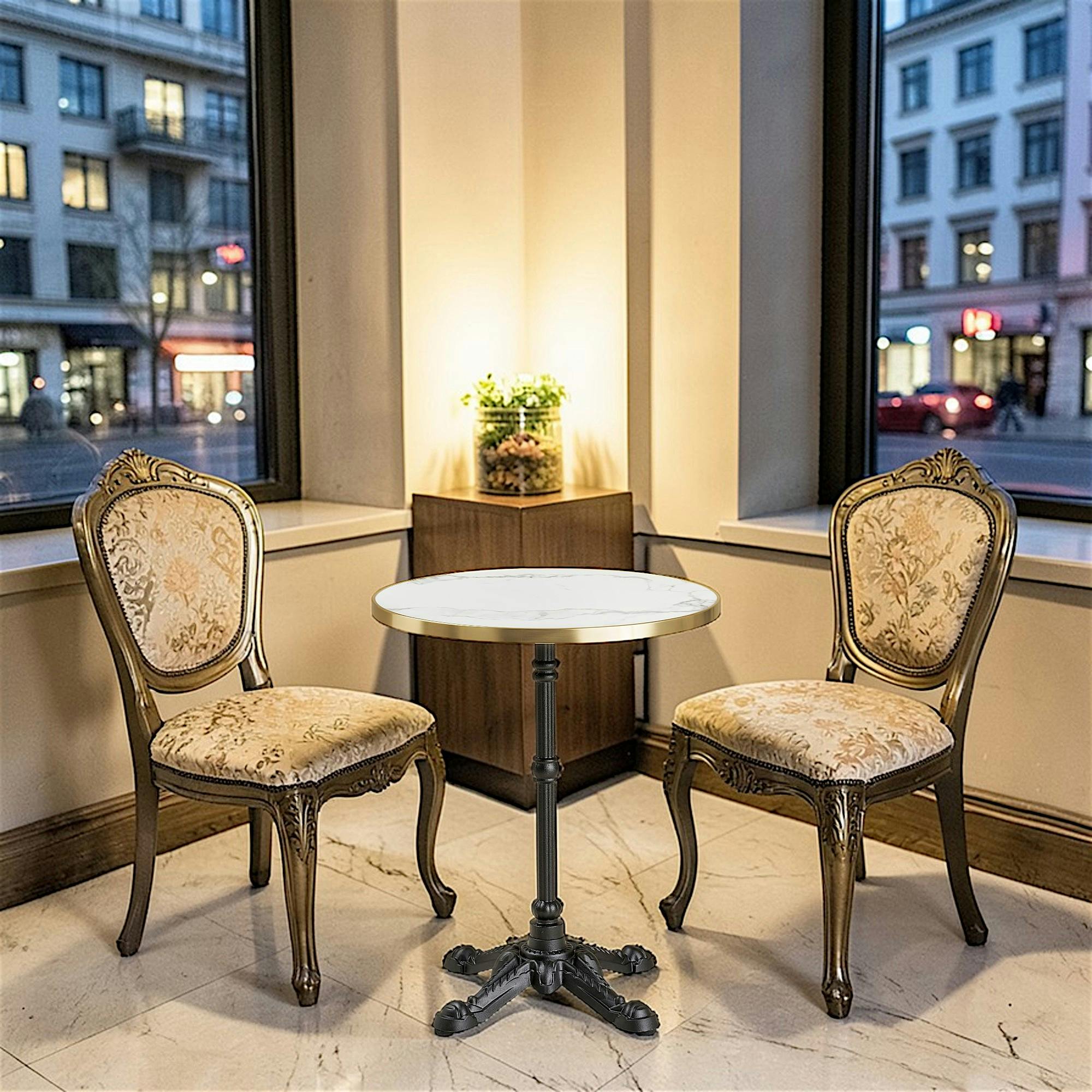 Table bistrot ronde effet marbre blanc pied fonte Ø60 cm TORANO