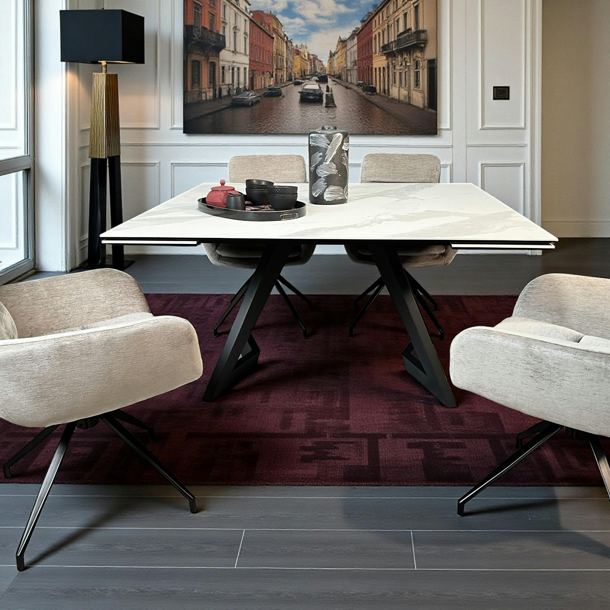 Table carrée extensible en céramique marbrée blanche 140-200 cm LOMBARDIE