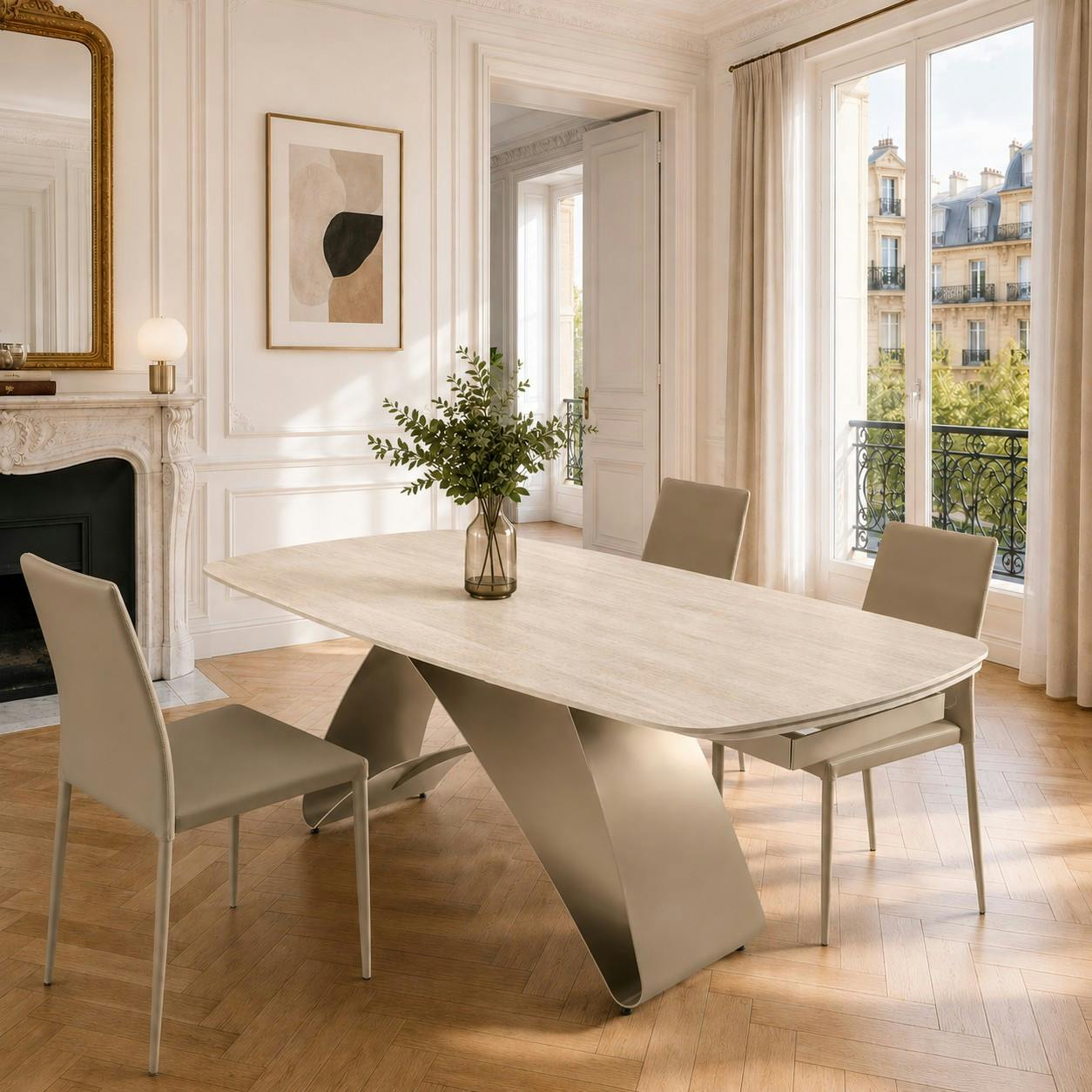 Table céramique décor travertin pied design bronze 200-280 cm LORA