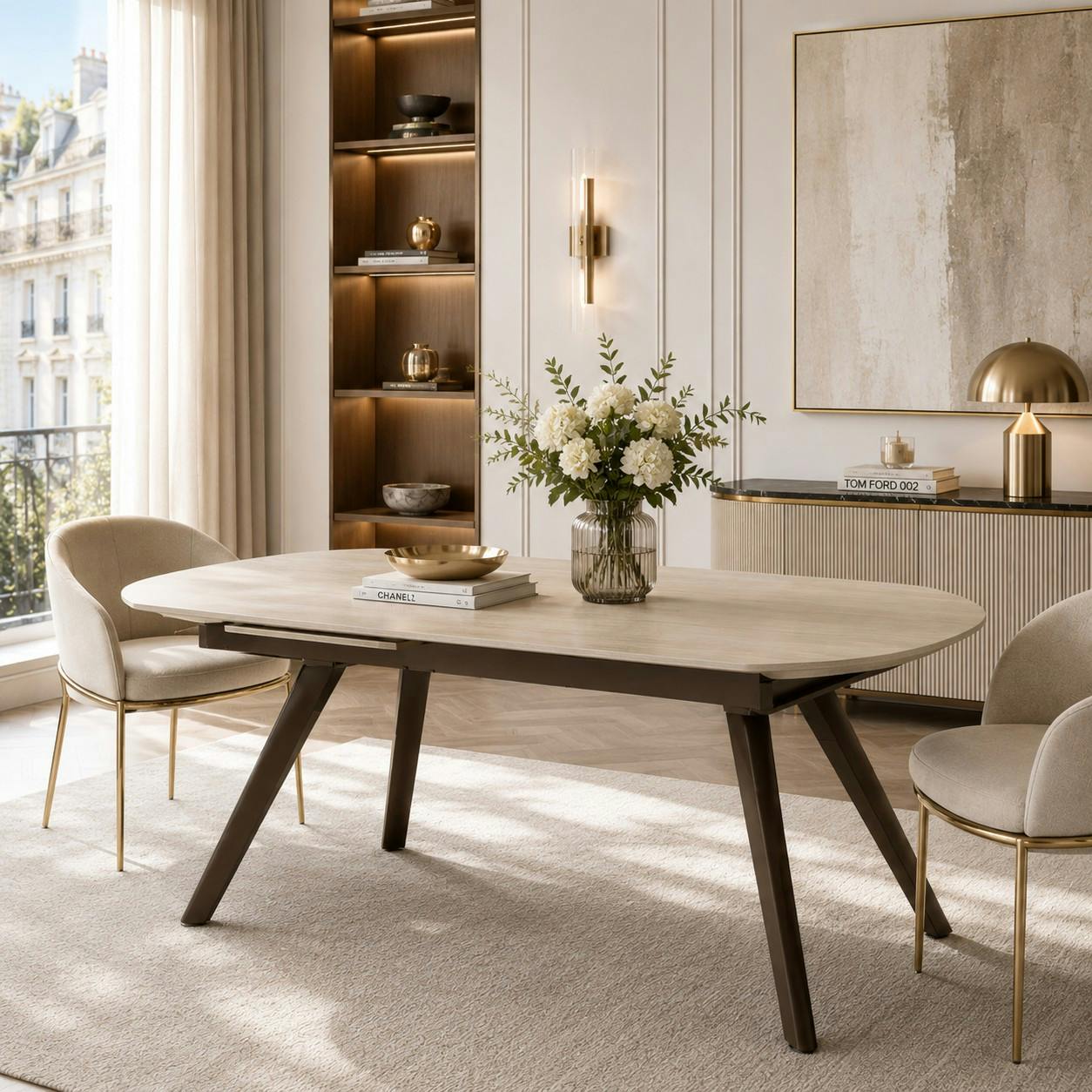 Table céramique décor travertin pieds bronze 140-180 cm LORA