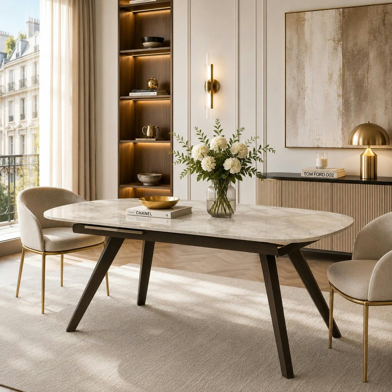 Table céramique effet onyx pieds bronze 140-180 cm LORA
