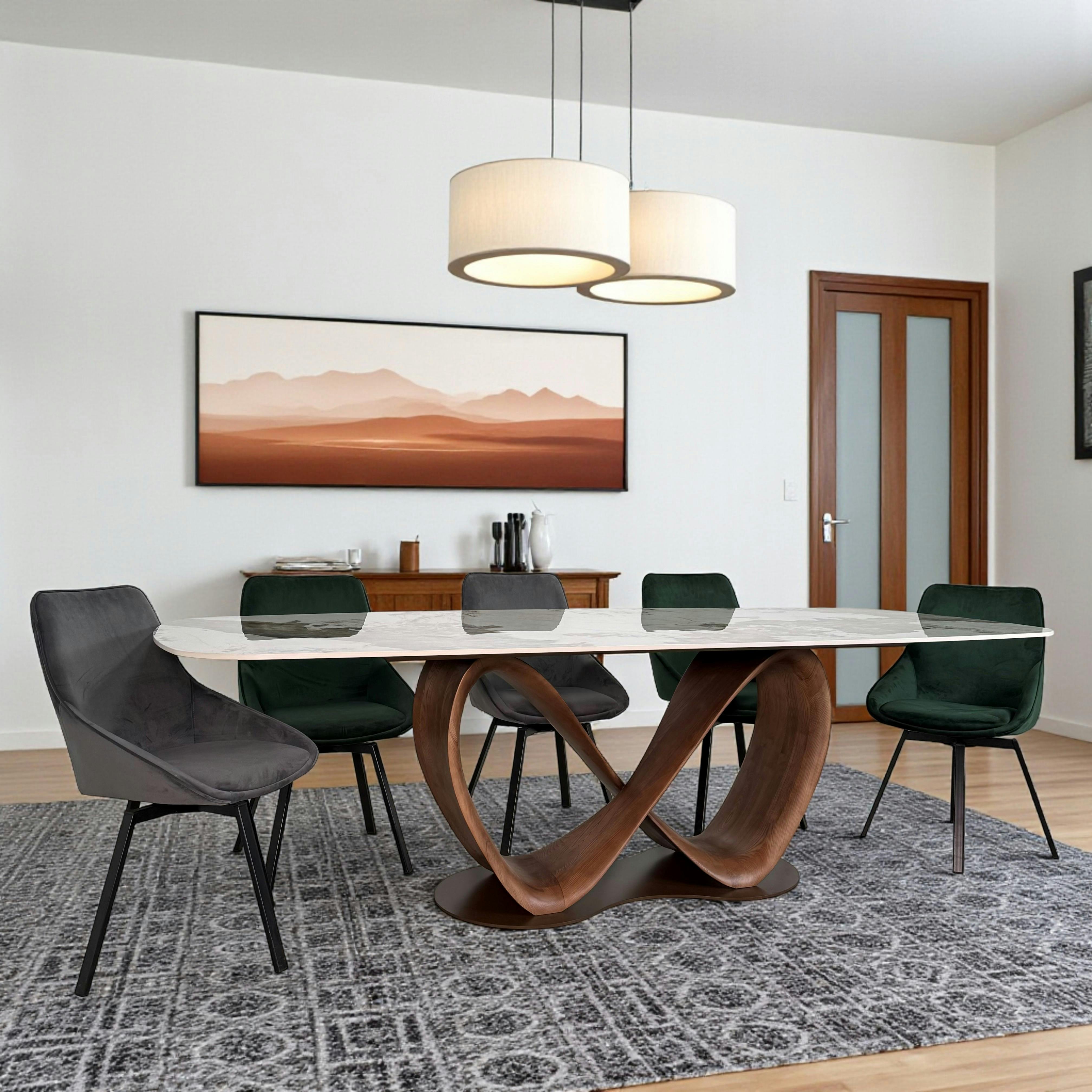 Table céramique marbrée pied ruban bois brun 220 cm ALDER