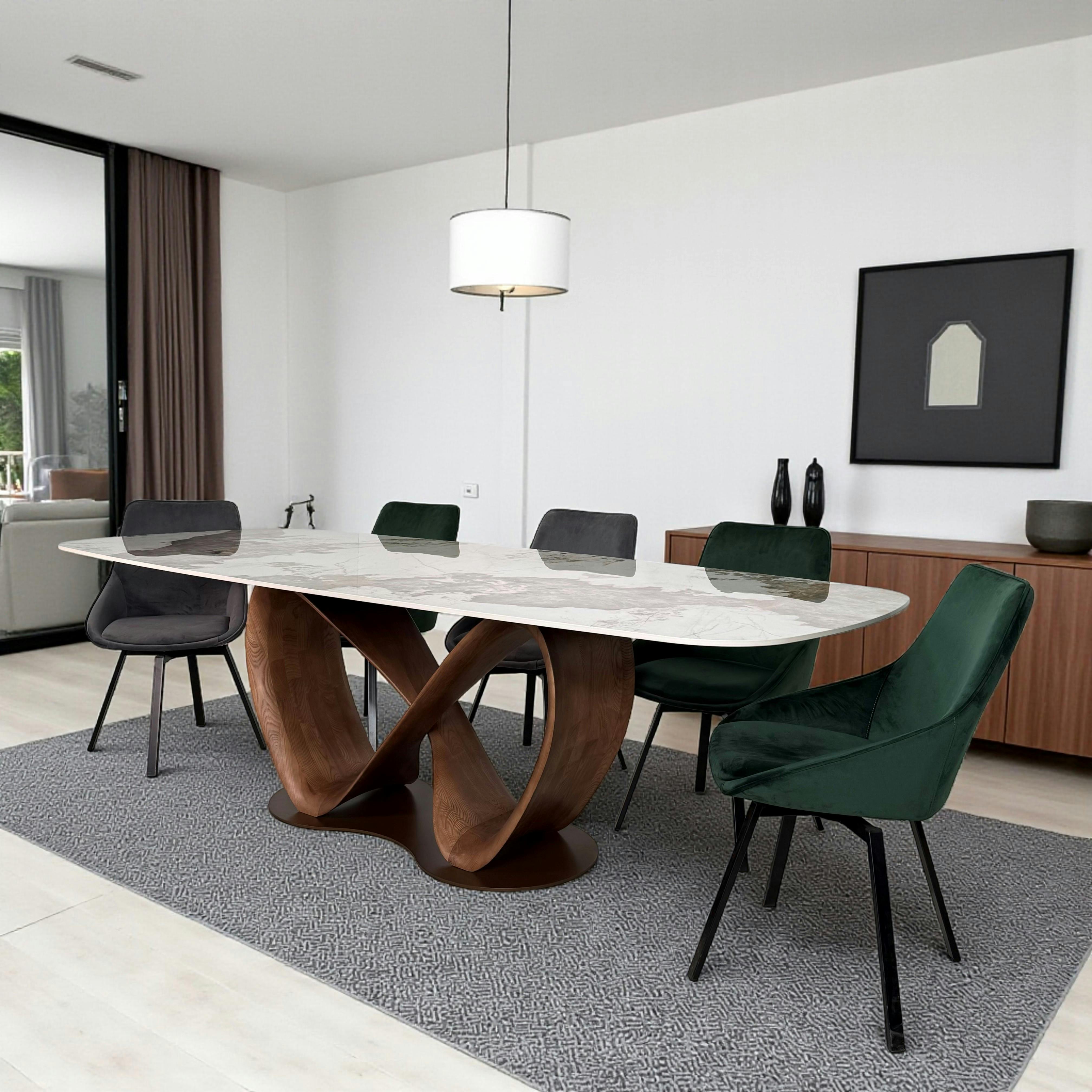 Table céramique marbrée pied ruban bois brun 220 cm ALDER