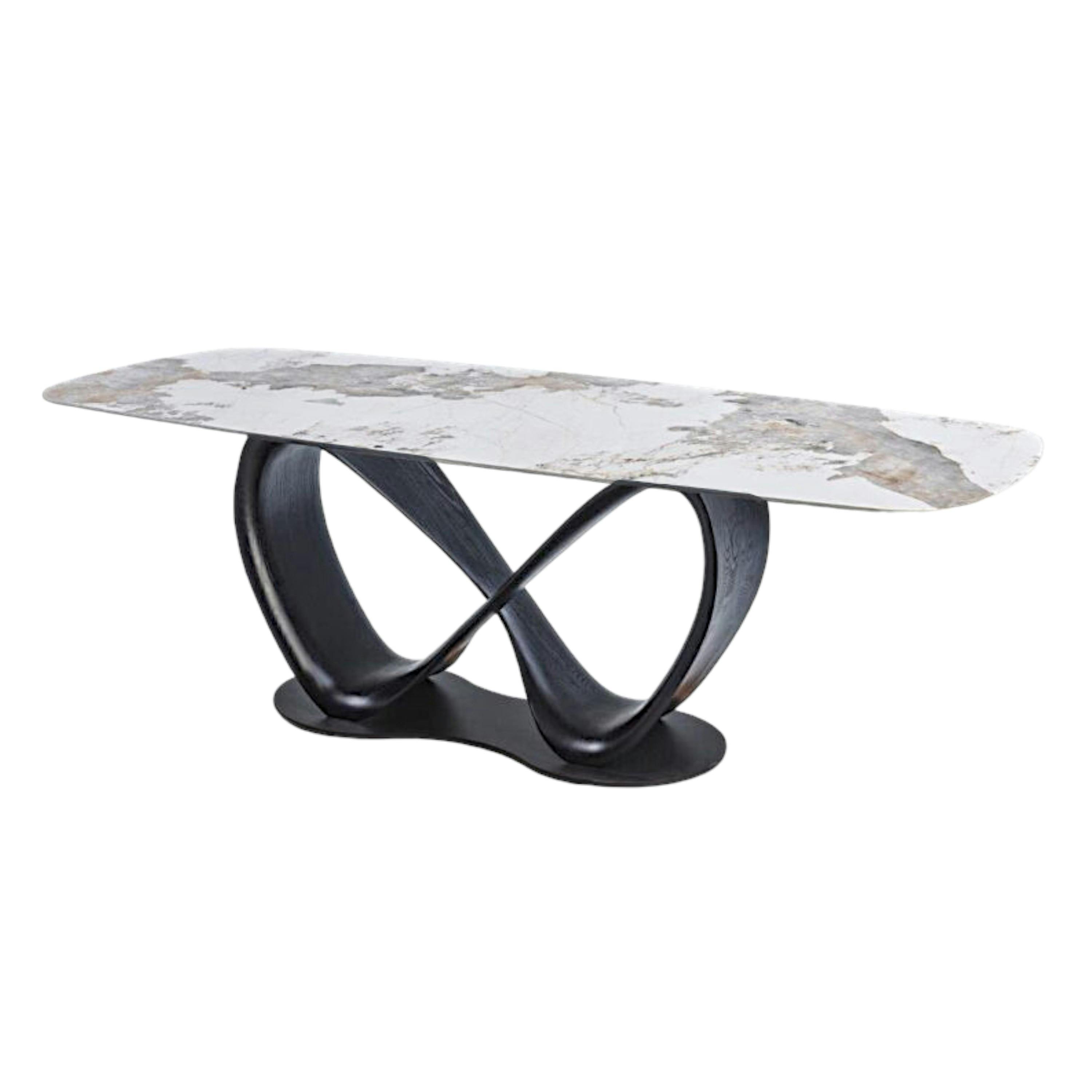 Table céramique marbrée pied ruban bois noir 220 cm ALDER