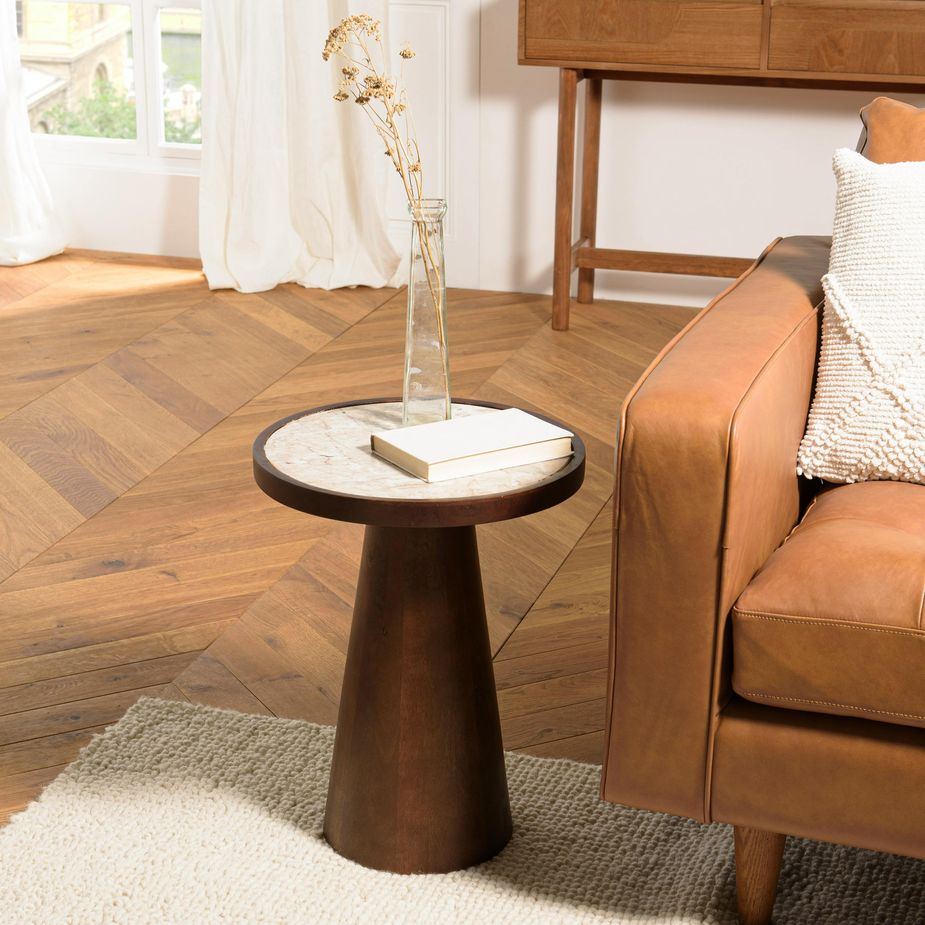 Table d'appoint 40 cm plateau marbre pied en manguier foncé TOSCA