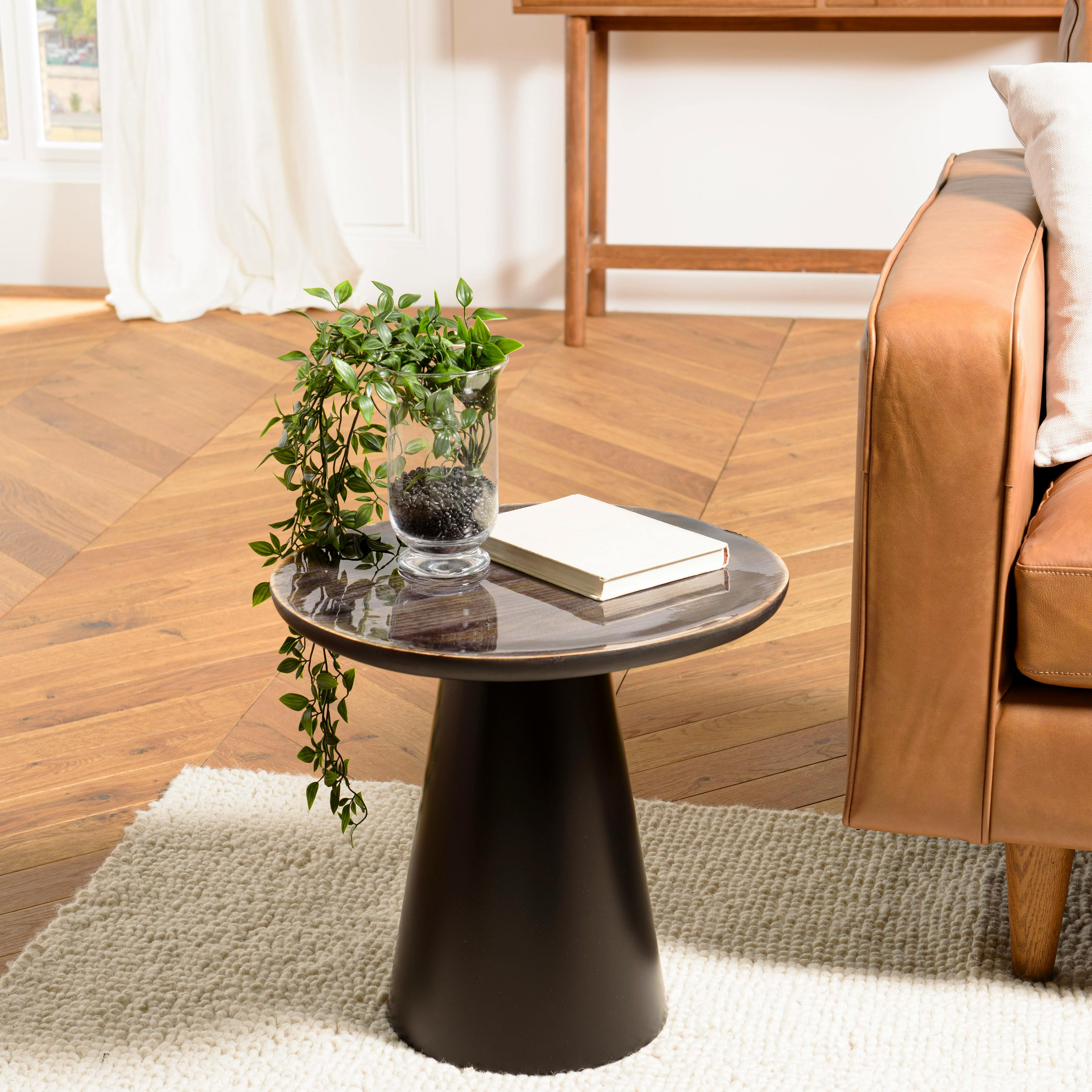 Table d'appoint 45 cm plateau en manguier émaillé pied métal TOSCA
