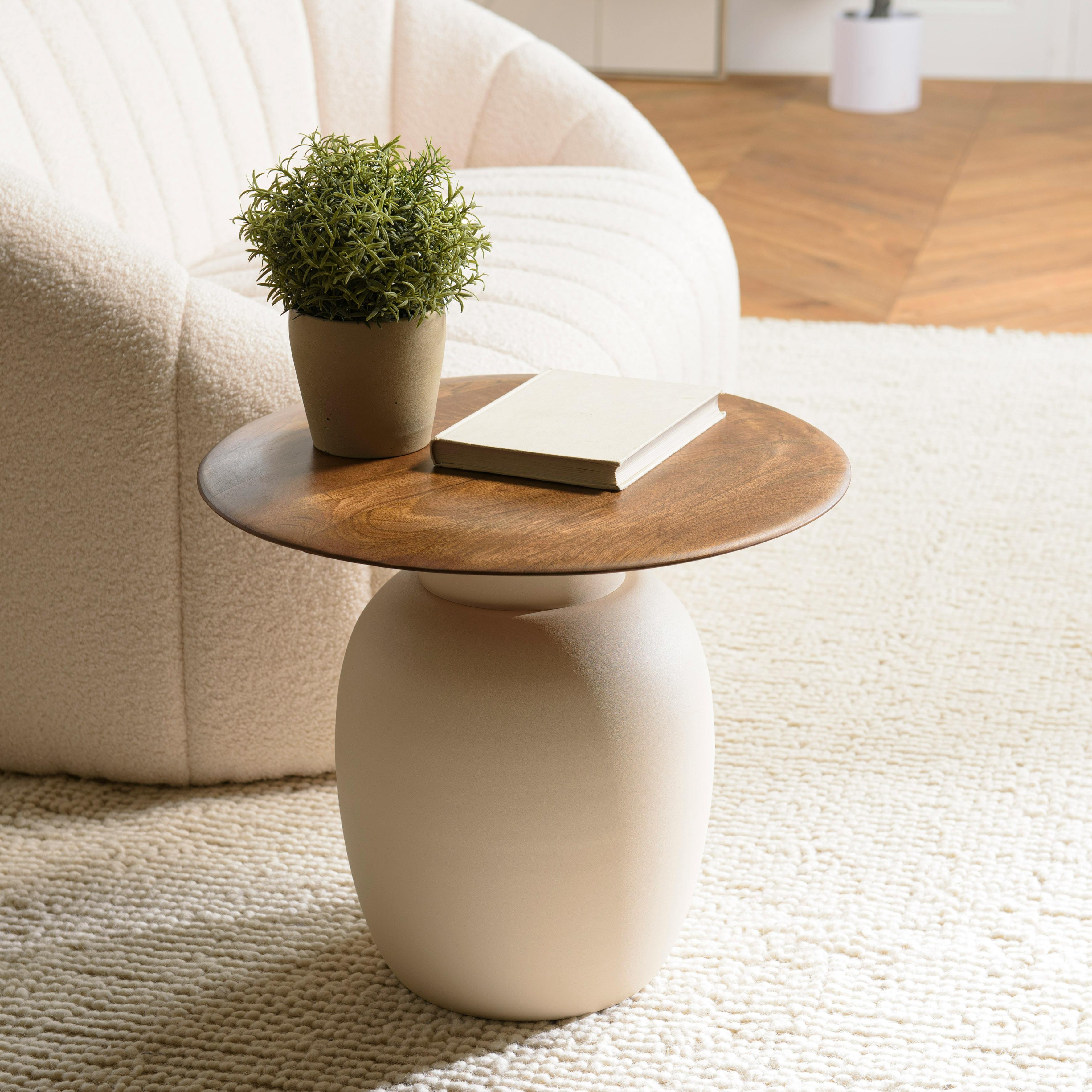 Table d'appoint 48 cm plateau en manguier pied ivoire TOSCA