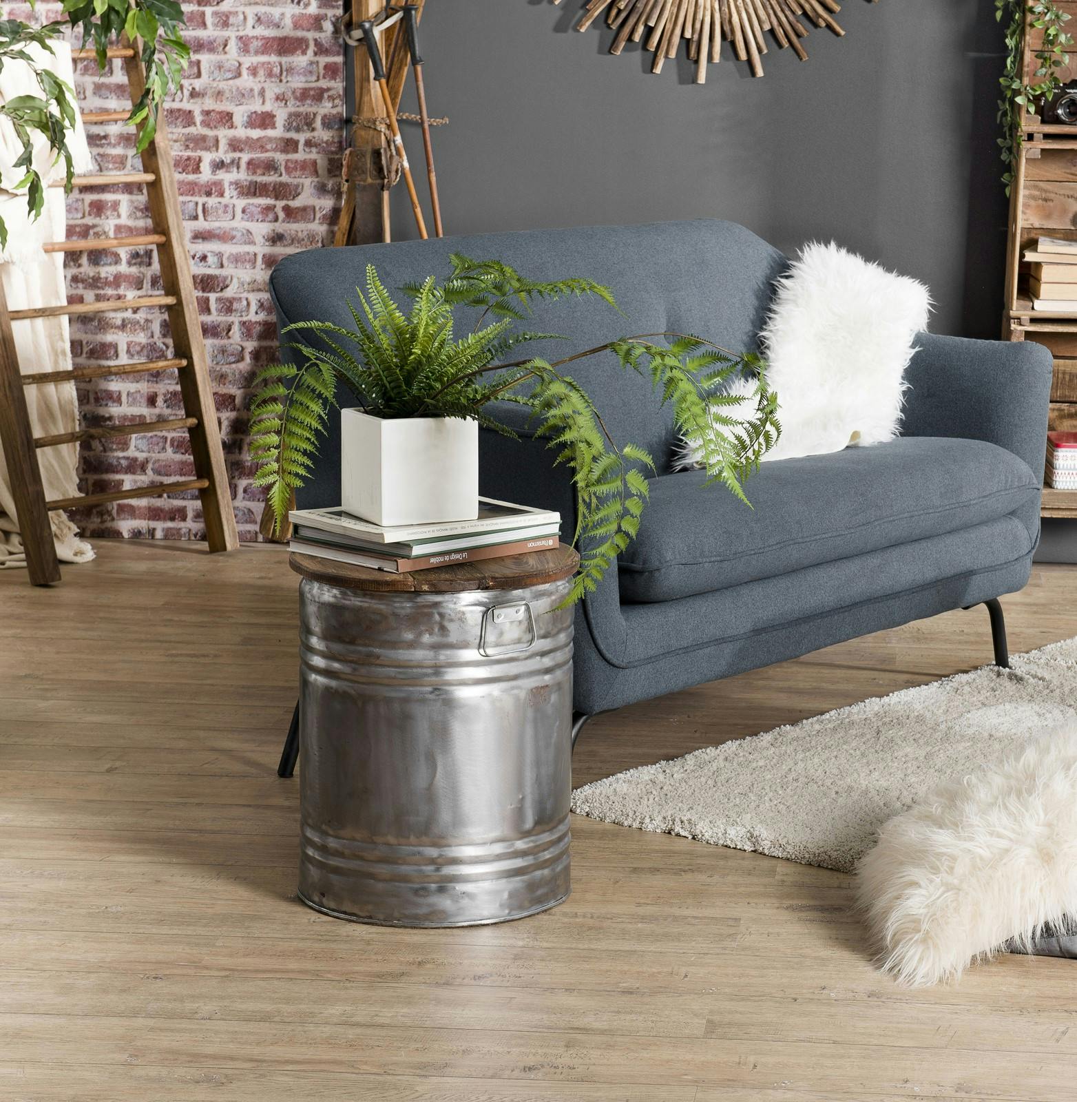 Table d'appoint bidon acier bois recyclé JODHPUR