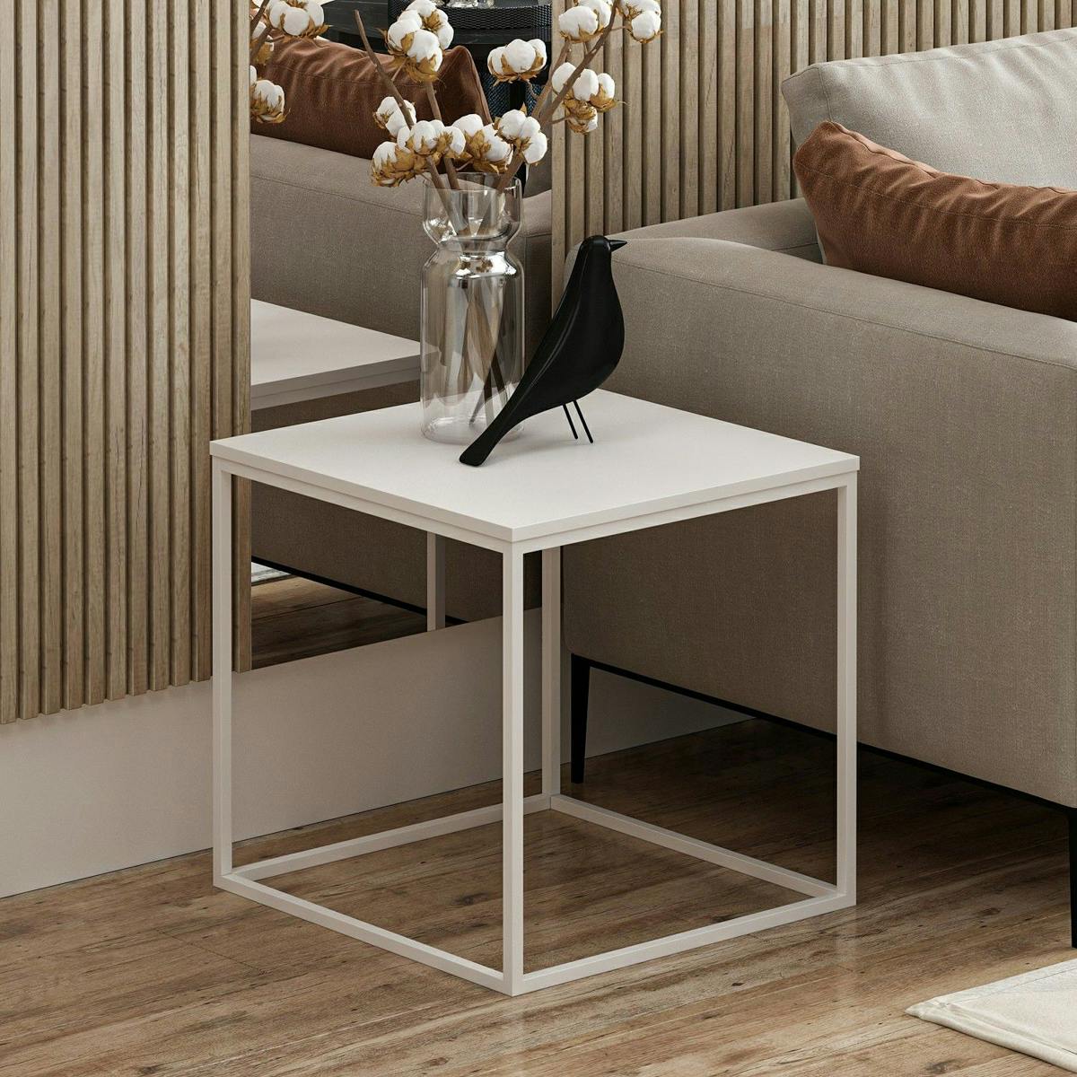 Table d'appoint carrée blanche structure métal JENA