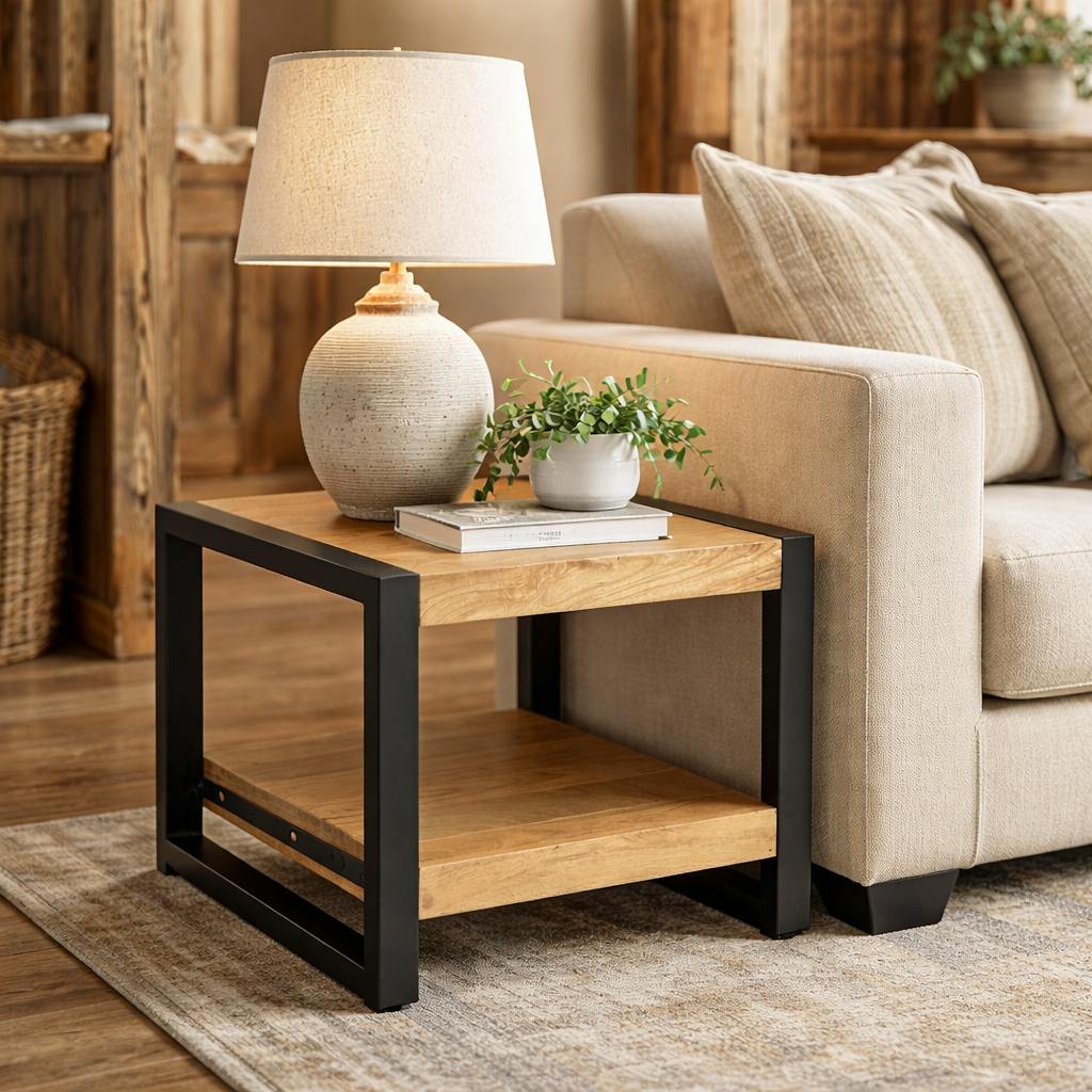 Table d'appoint carrée en bois clair et métal noir MILORA