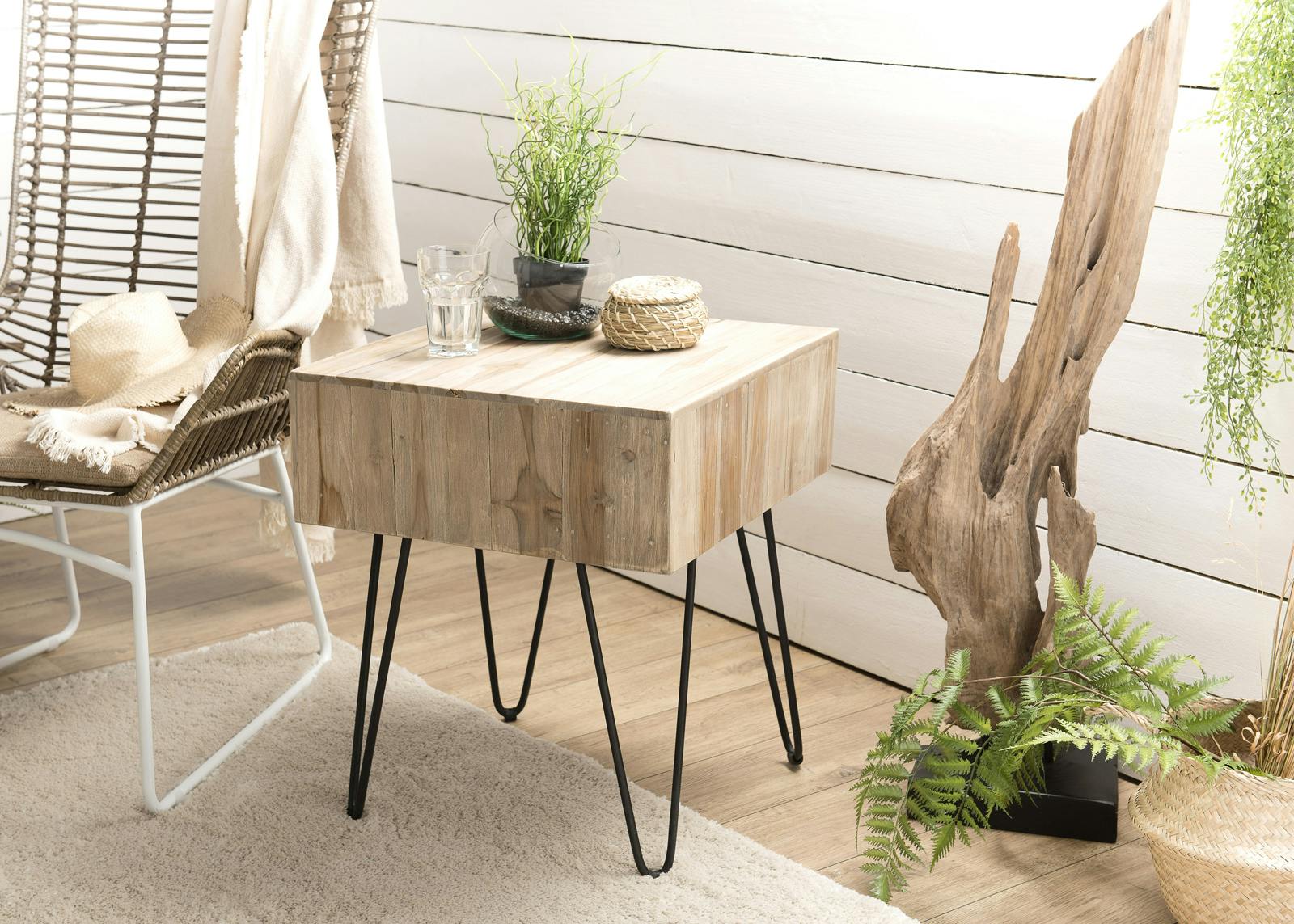 Table d'appoint carrée teck pieds épingle 50x50 cm Jaipur