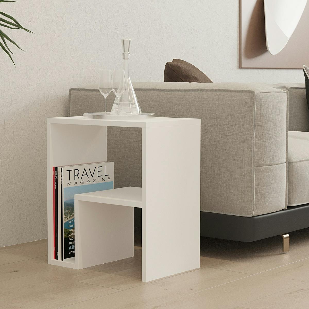 Table d'appoint design blanche, forme L avec rangement MARFA