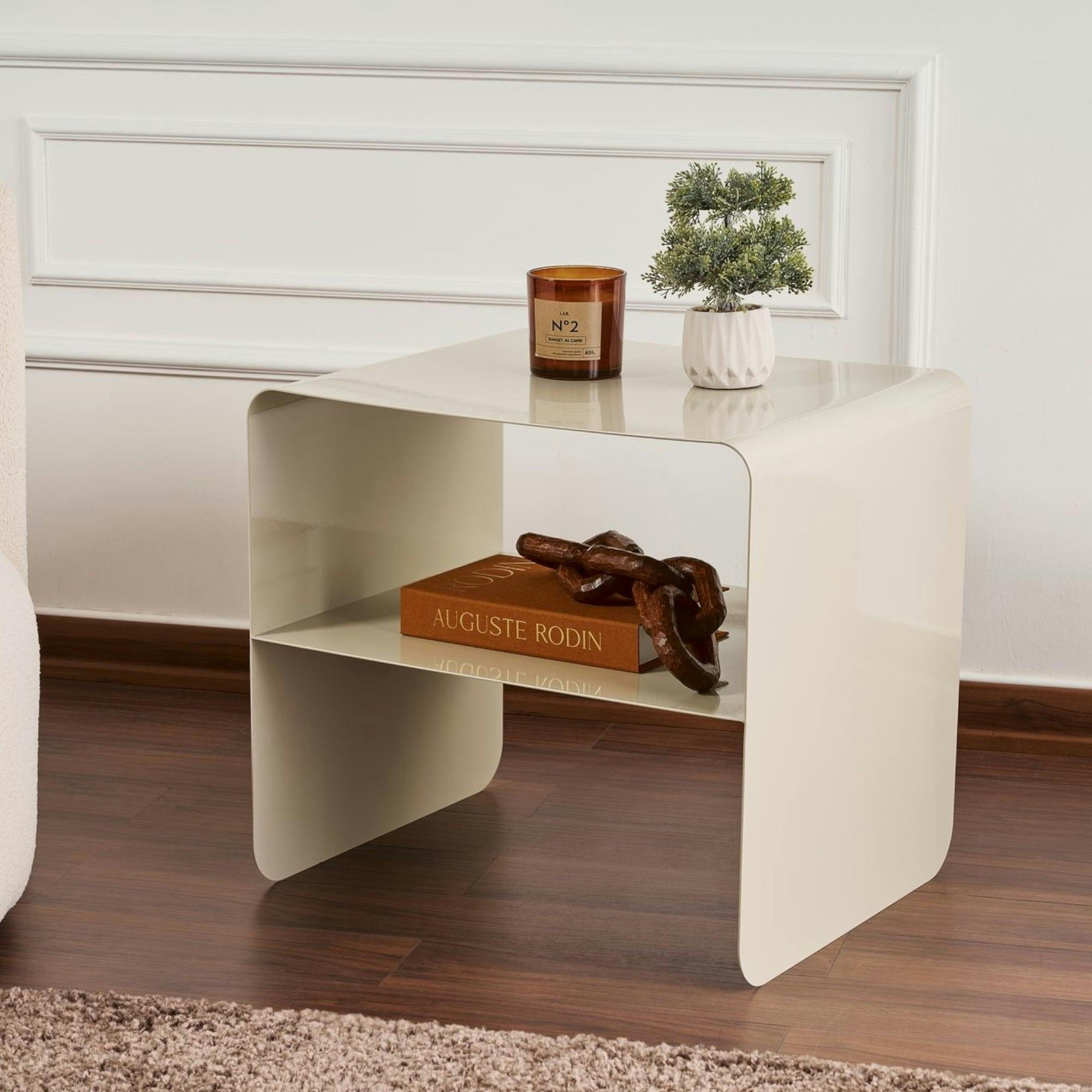 Table d’appoint design métal taupe – 2 plateaux SFAX