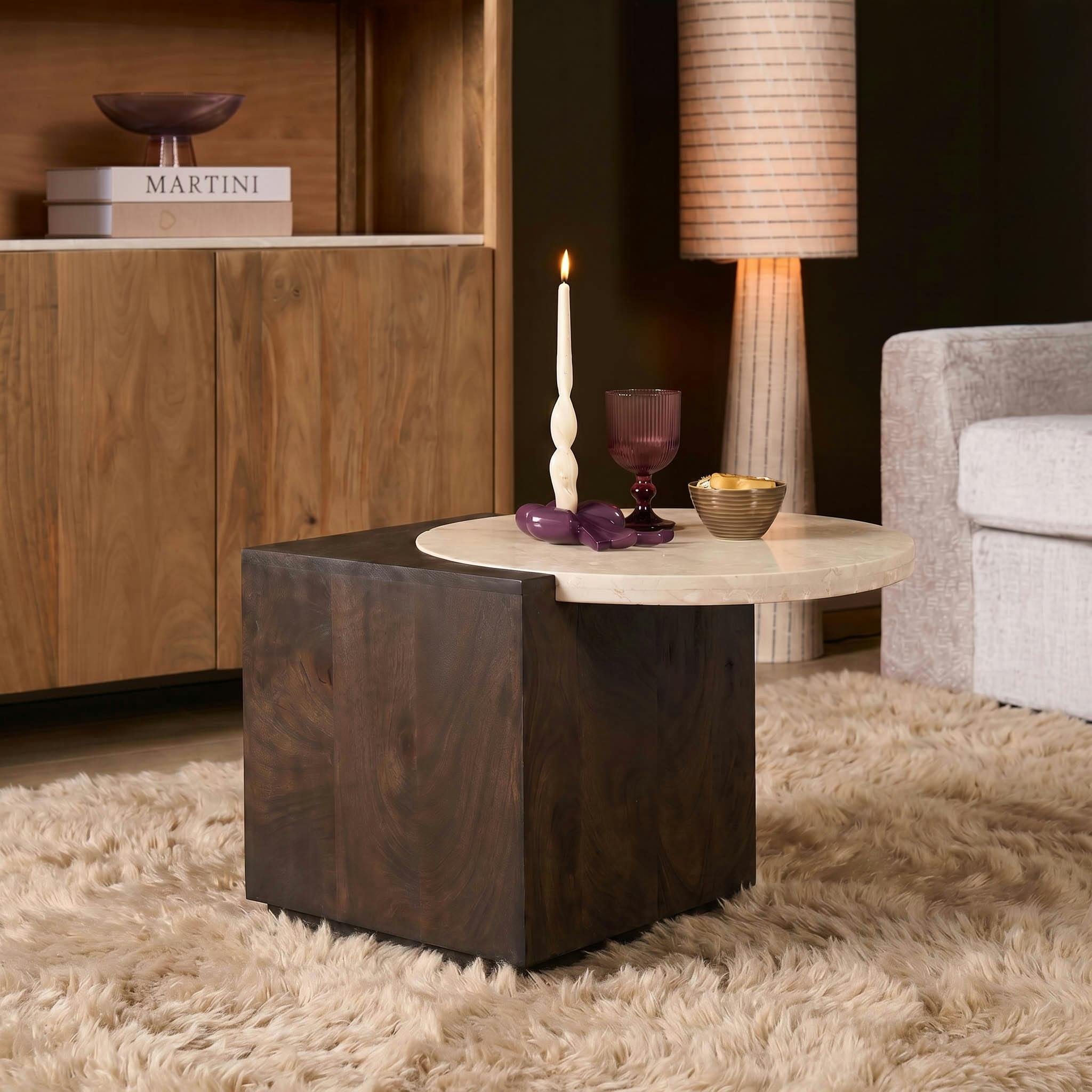 Table d'appoint design travertin et bois de manguier 60 cm DUOMO