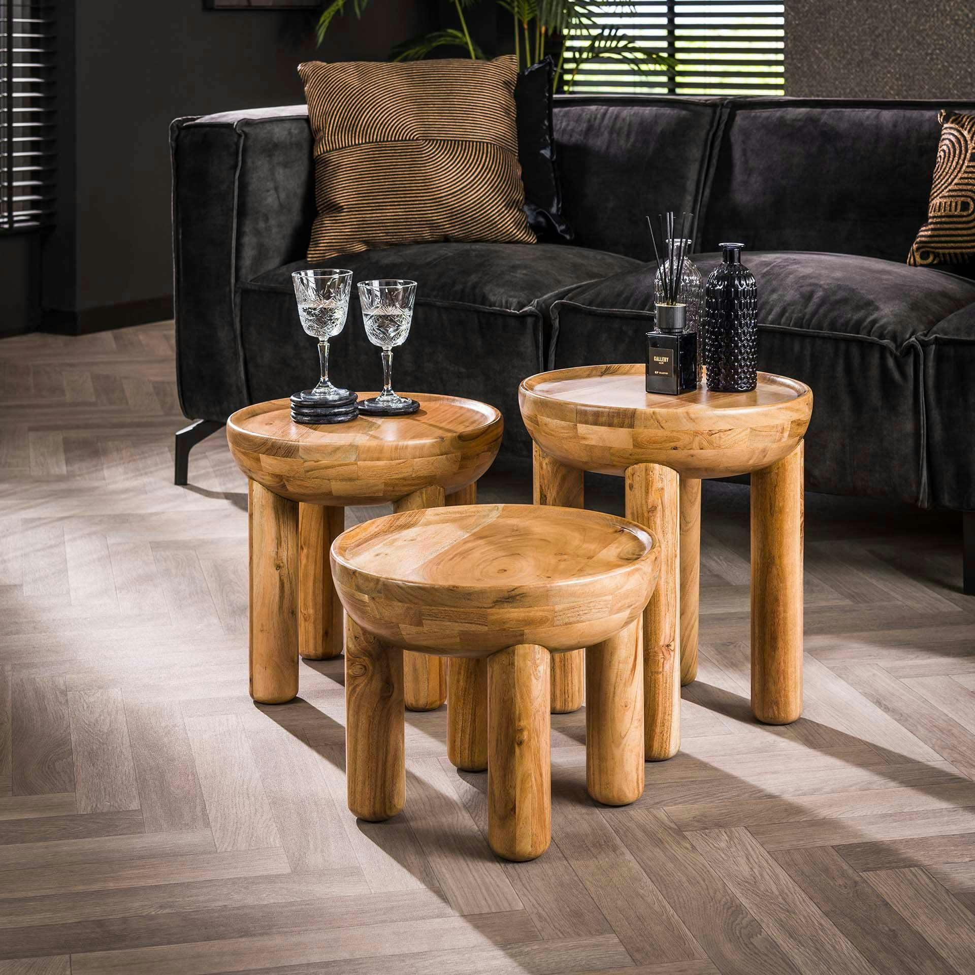 Table d'appoint en bois d'acacia avec pieds colonne (lot de 3) MELBOURNE