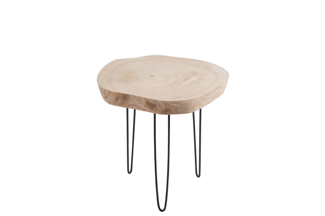 Table d'appoint en bois naturel clair, 3 pieds métal - 45x36x42cm
