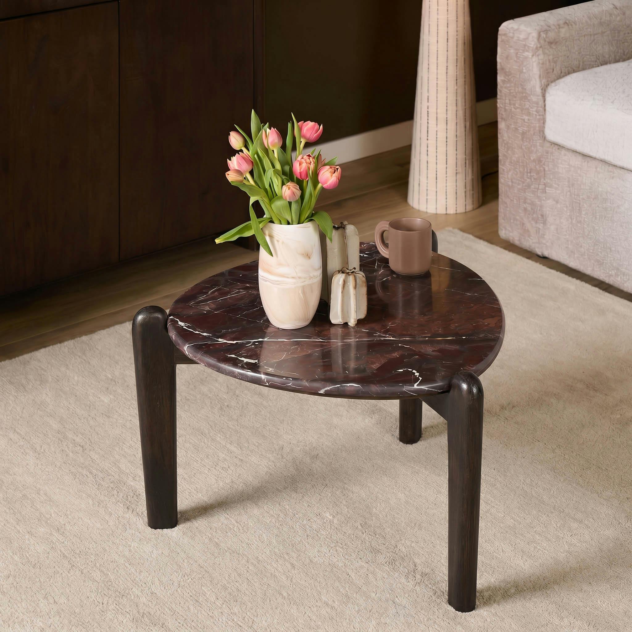 Table d'appoint en marbre bordeaux et bois DUOMO