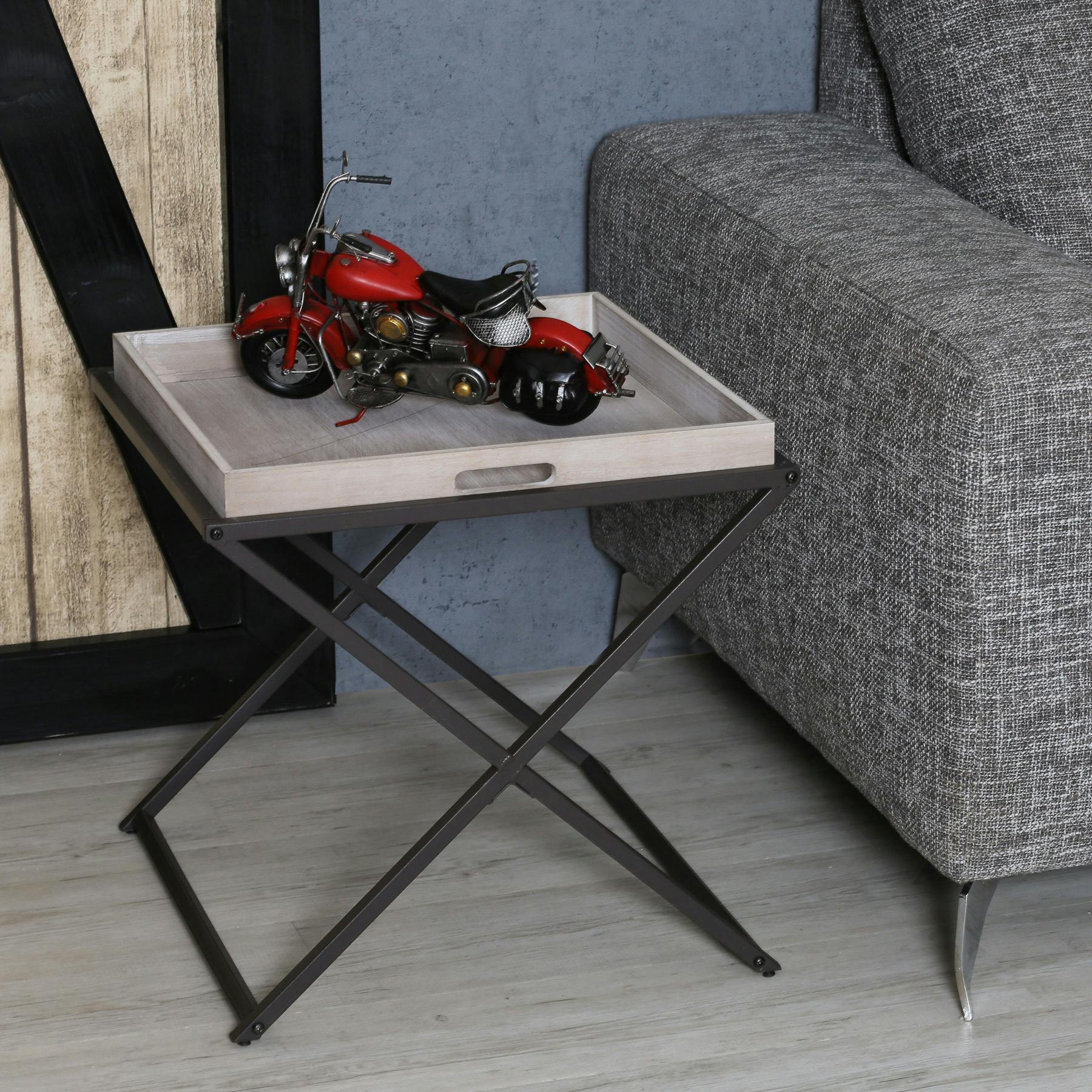 Table d'appoint en métal noir et plateau amovible en bois grisé effet patiné 48x48x47cm