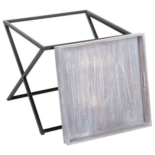 Table d'appoint en métal noir et plateau amovible en bois grisé effet patiné 48x48x47cm