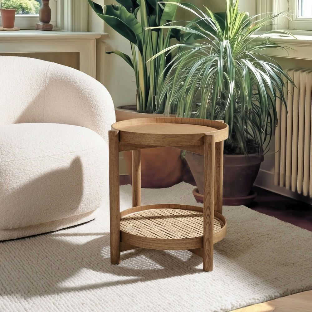 Table d'appoint en mindi 45.5cm avec tablette en rotin naturel TIVARO