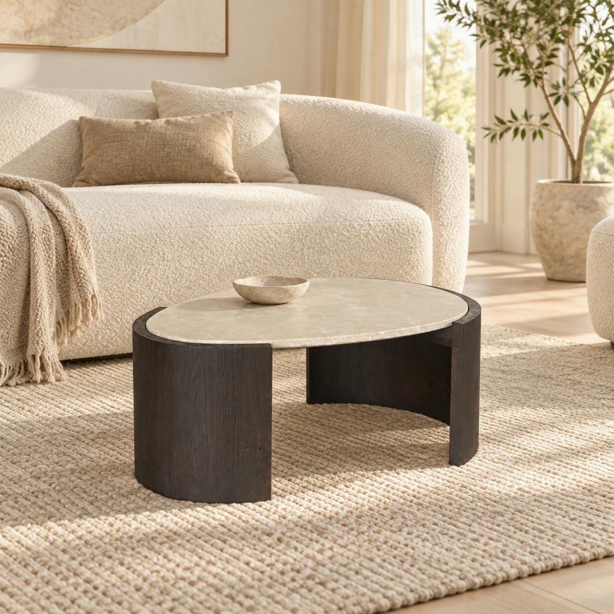 Table d'appoint marbre et bois brun design organique 71 cm DUOMO