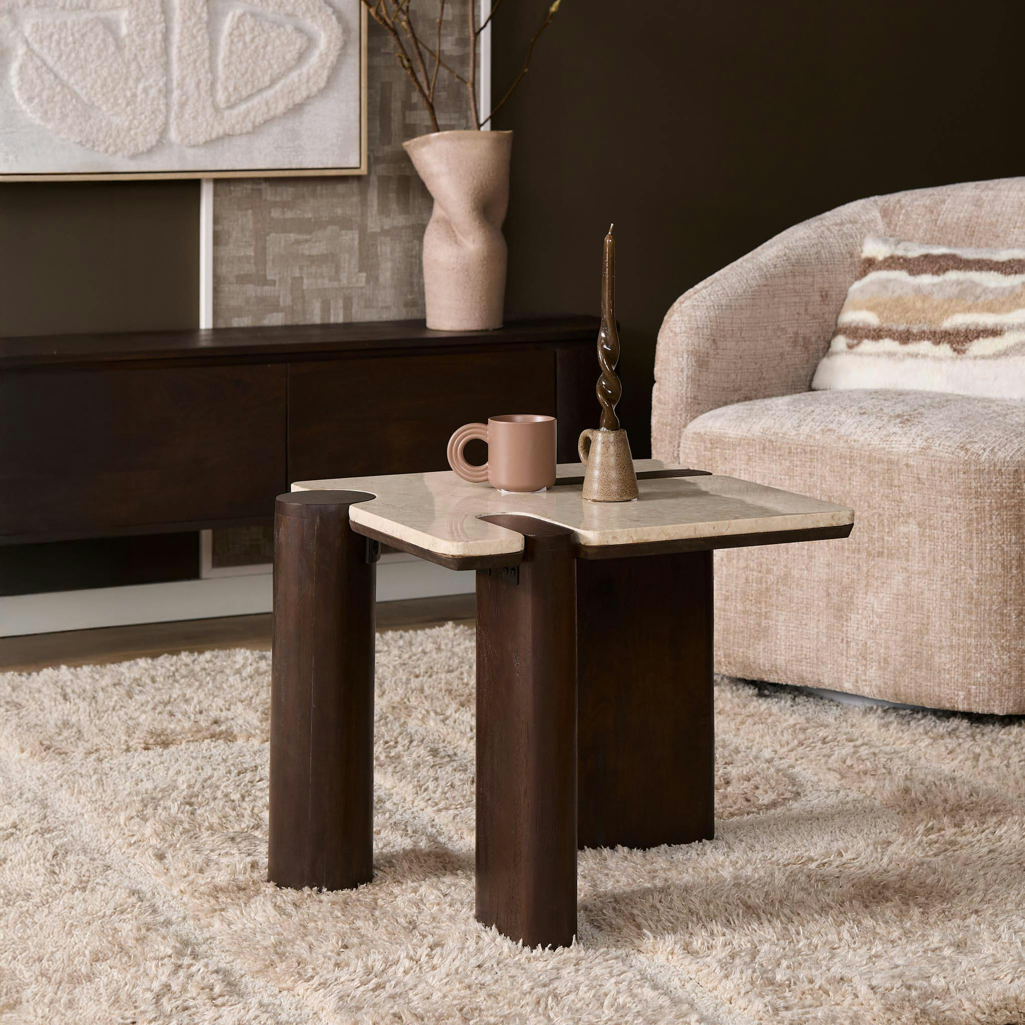 Table d'appoint marbre et bois style puzzle DUOMO