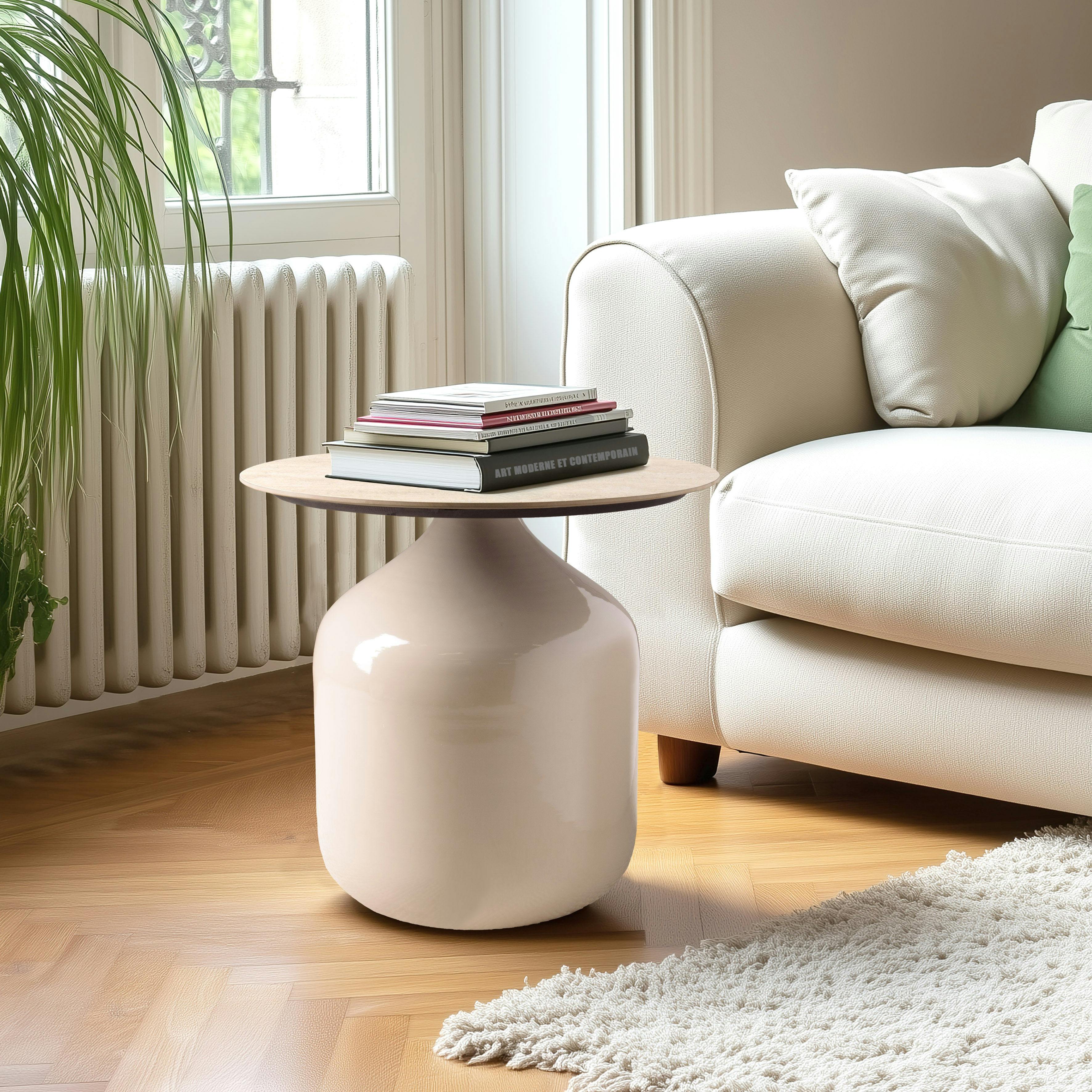 Table d'appoint plateau céramique et pied en fer beige ELORA