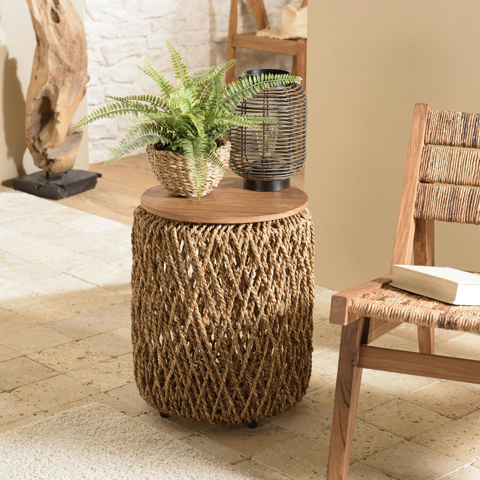 Table d'appoint ronde 38 cm fibre de coco et bois recyclé SWING