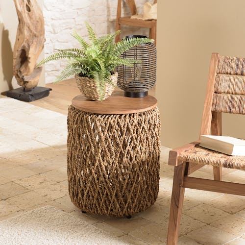 Table d'appoint ronde 38 cm fibre de coco et bois recyclé SWING