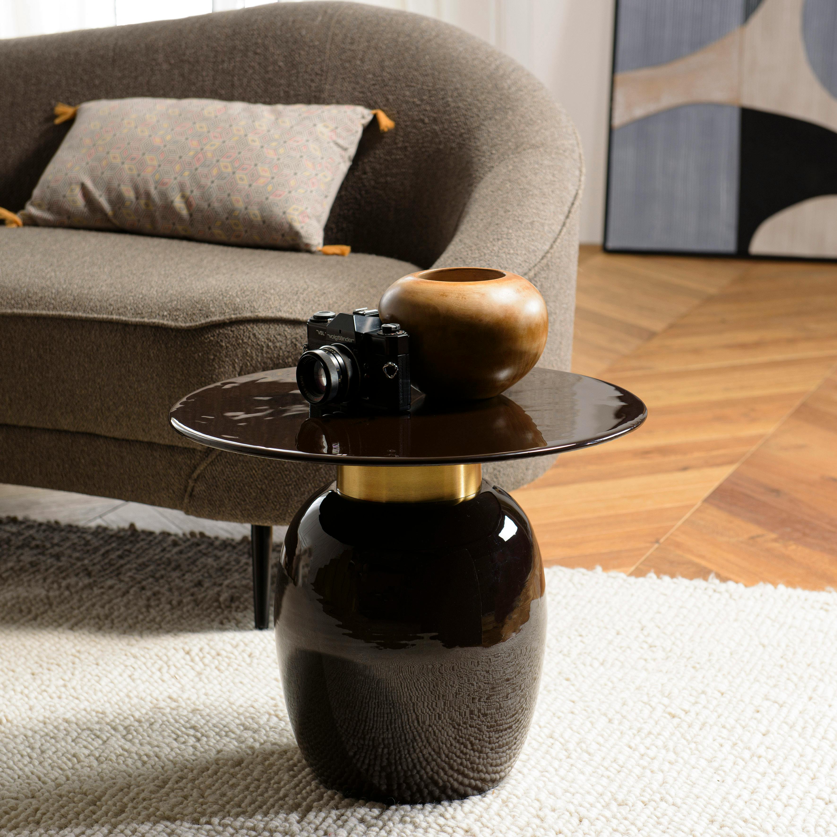 Table d'appoint ronde 50 cm en métal émaillé noir, col doré TOSCA