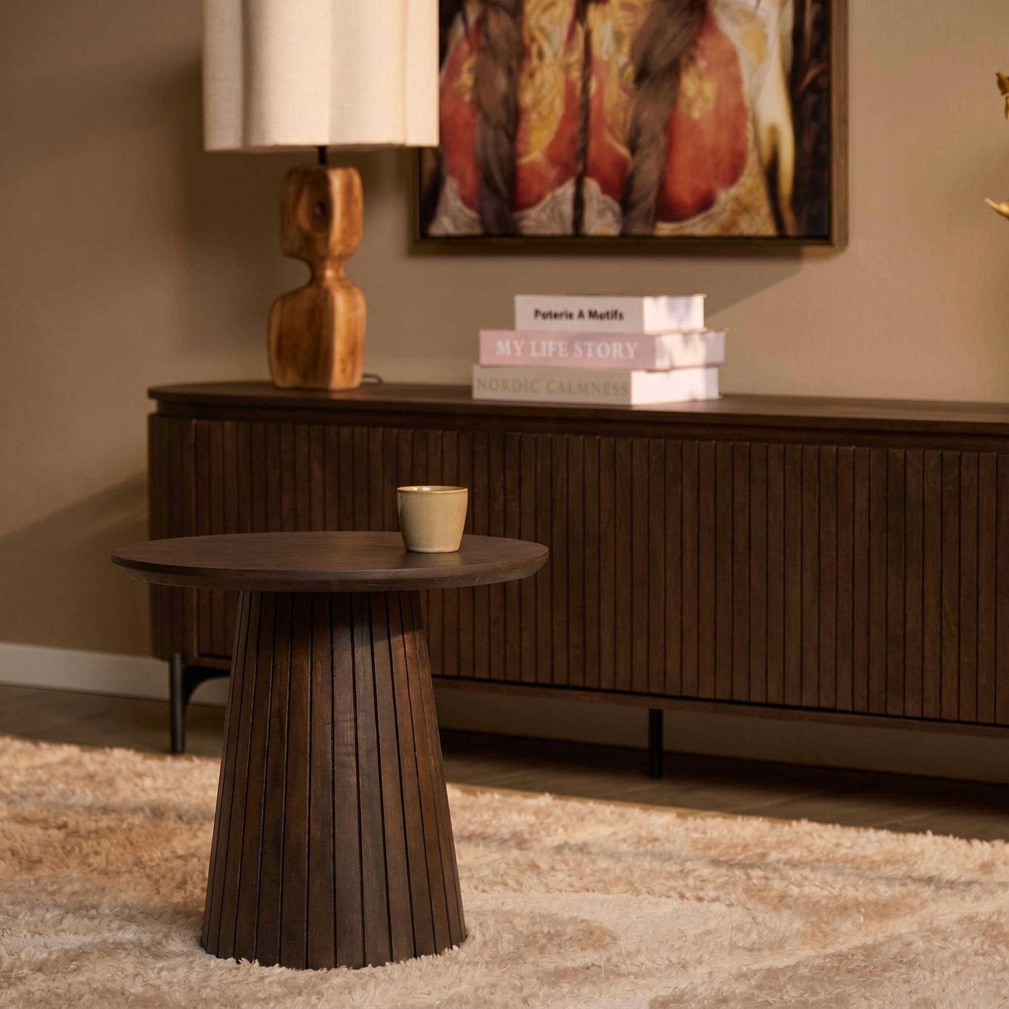 Table d'appoint ronde bois marron à pied rainuré Ø50 cm CALERO