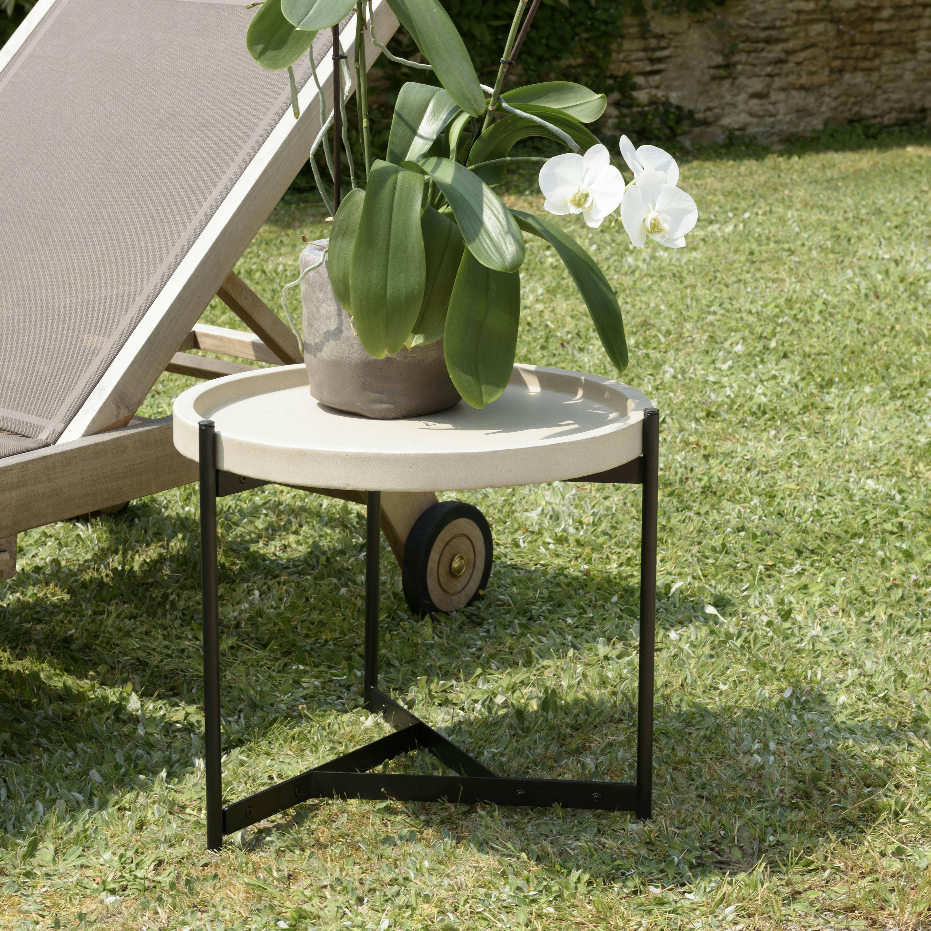 Table d'appoint ronde de jardin plateau béton beige pieds métal HERCULE