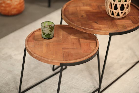 Table d'appoint ronde en bois recyclé motif chevron (lot de 2)