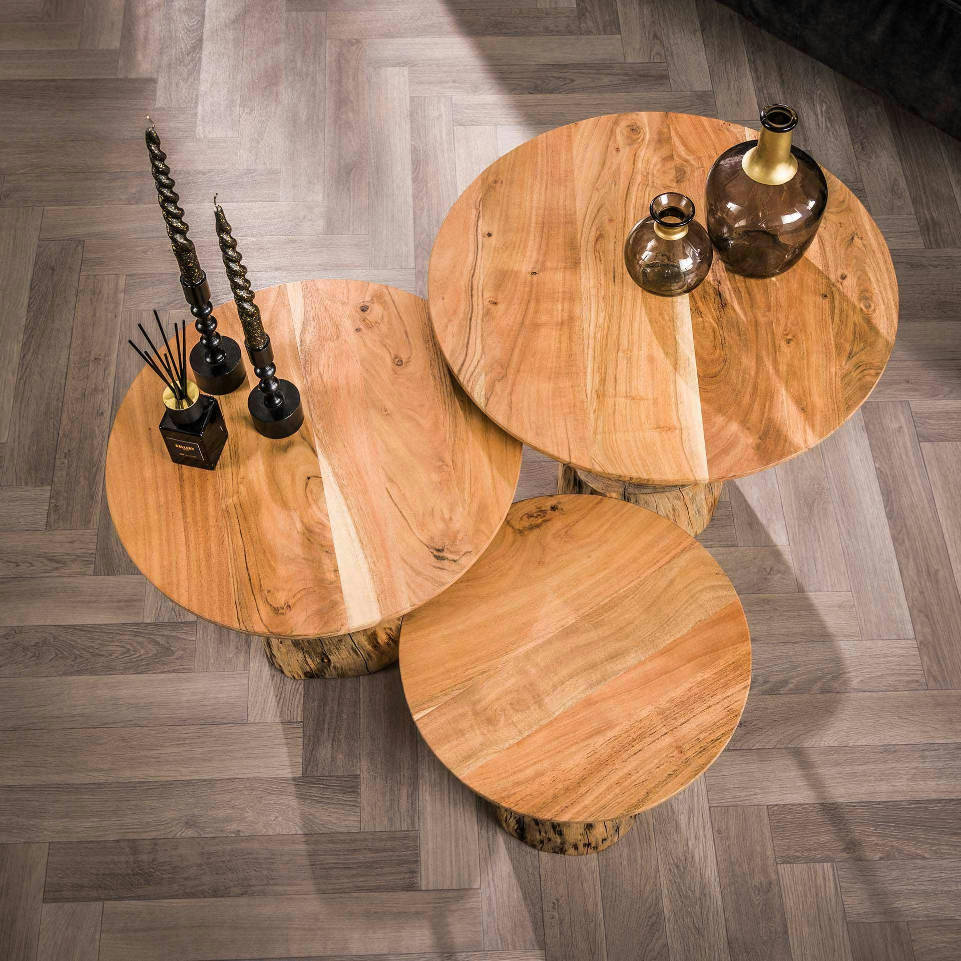 Table d'appoint ronde pied tronc, bois d'acacia (lot de 3) MELBOURNE