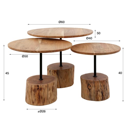 Table d'appoint ronde pied tronc, bois d'acacia (lot de 3) MELBOURNE