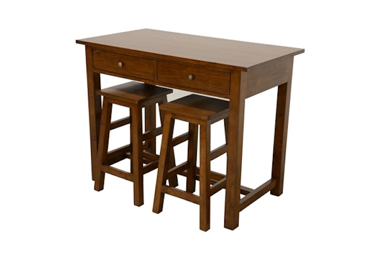 Table de Bar Hévéa 110x60x85cm avec 2 tiroirs + 2 Tabourets 40x40x60cm TRADITION