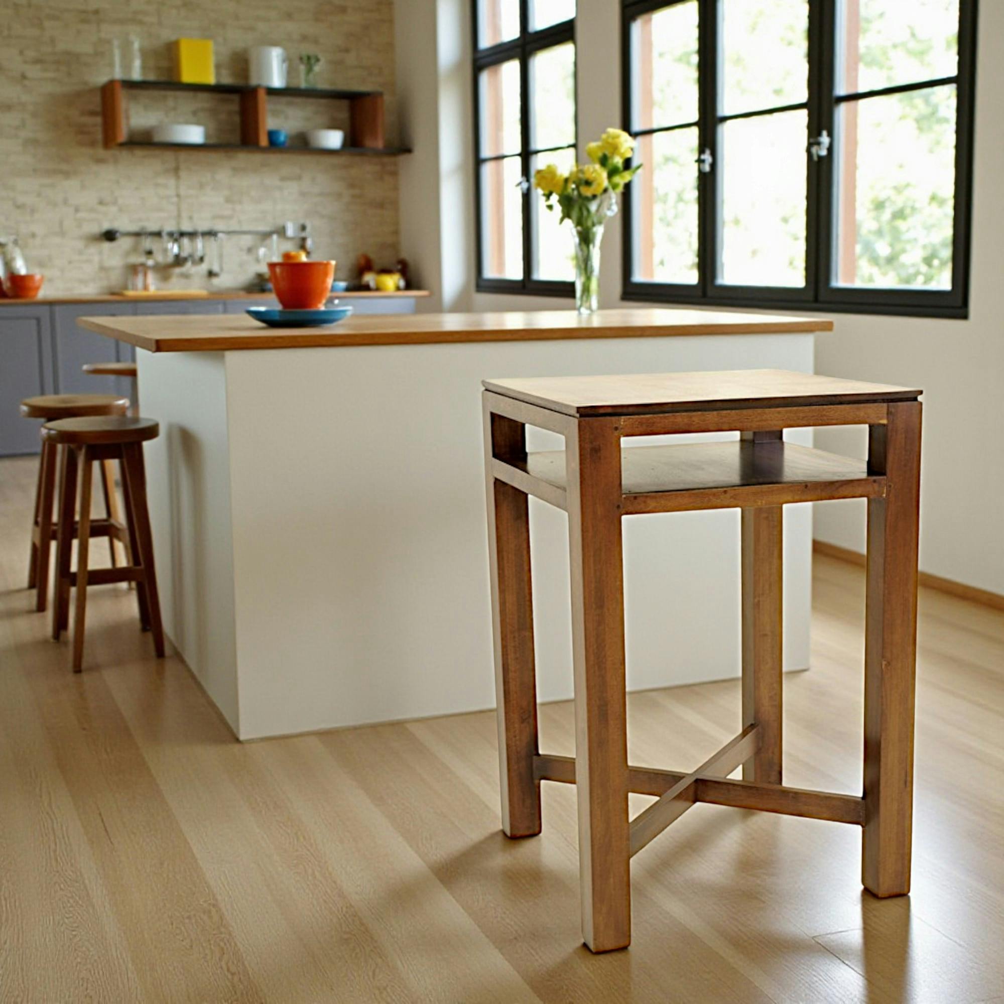 Table de bar Hévéa double plateaux, pieds en croix 70x70x105cm HELENA