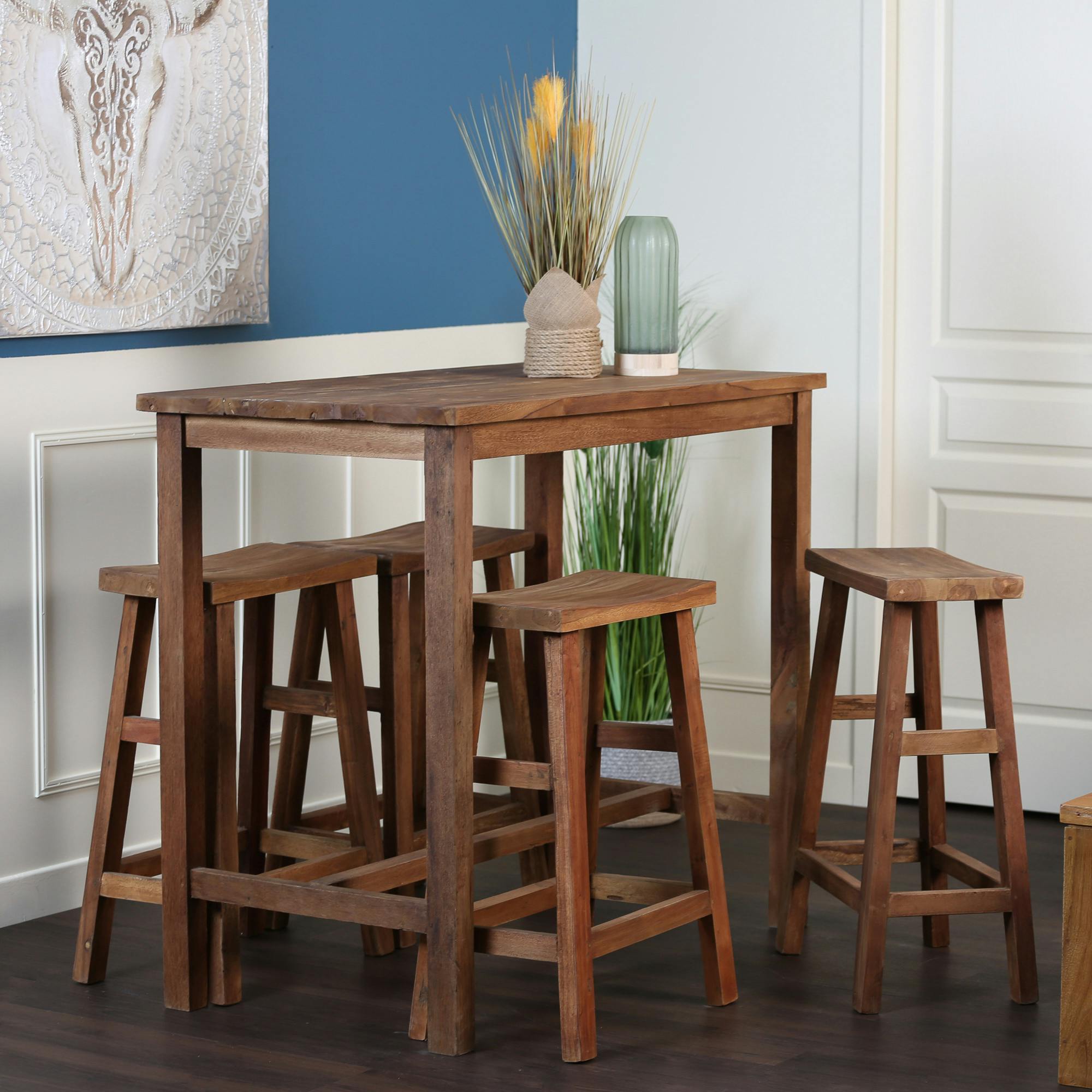 Table de bar teck recyclé et tabourets (lot de 5 pièces) MEDAN