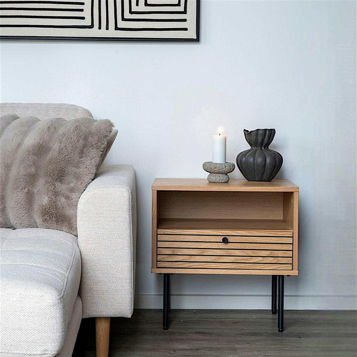 Table de chevet 1 tiroir rainuré décor clair ASSENS